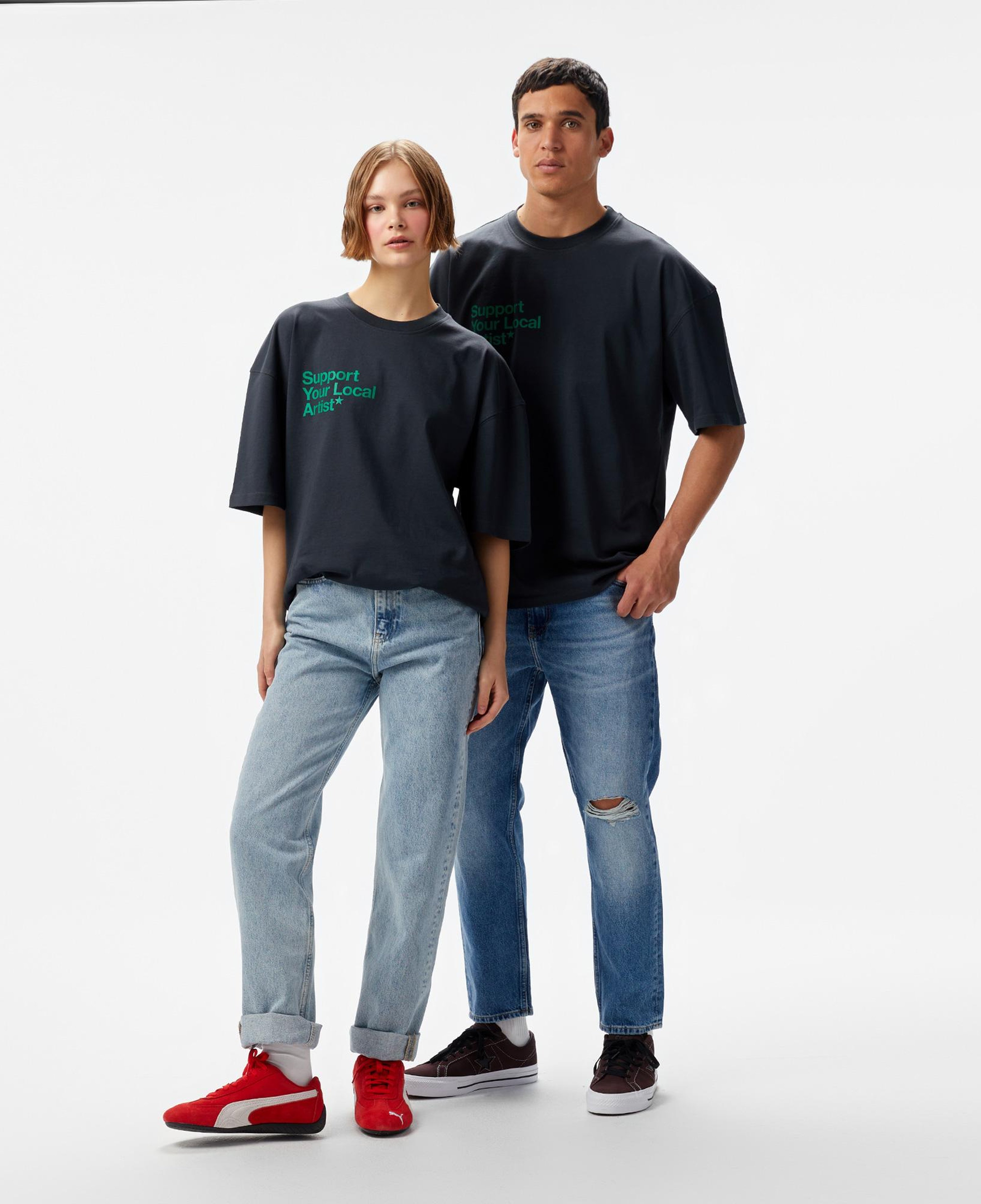 Aclothco X LFI Oversized Crew Neck Slogan Printed Unisex Gri T-Shirt