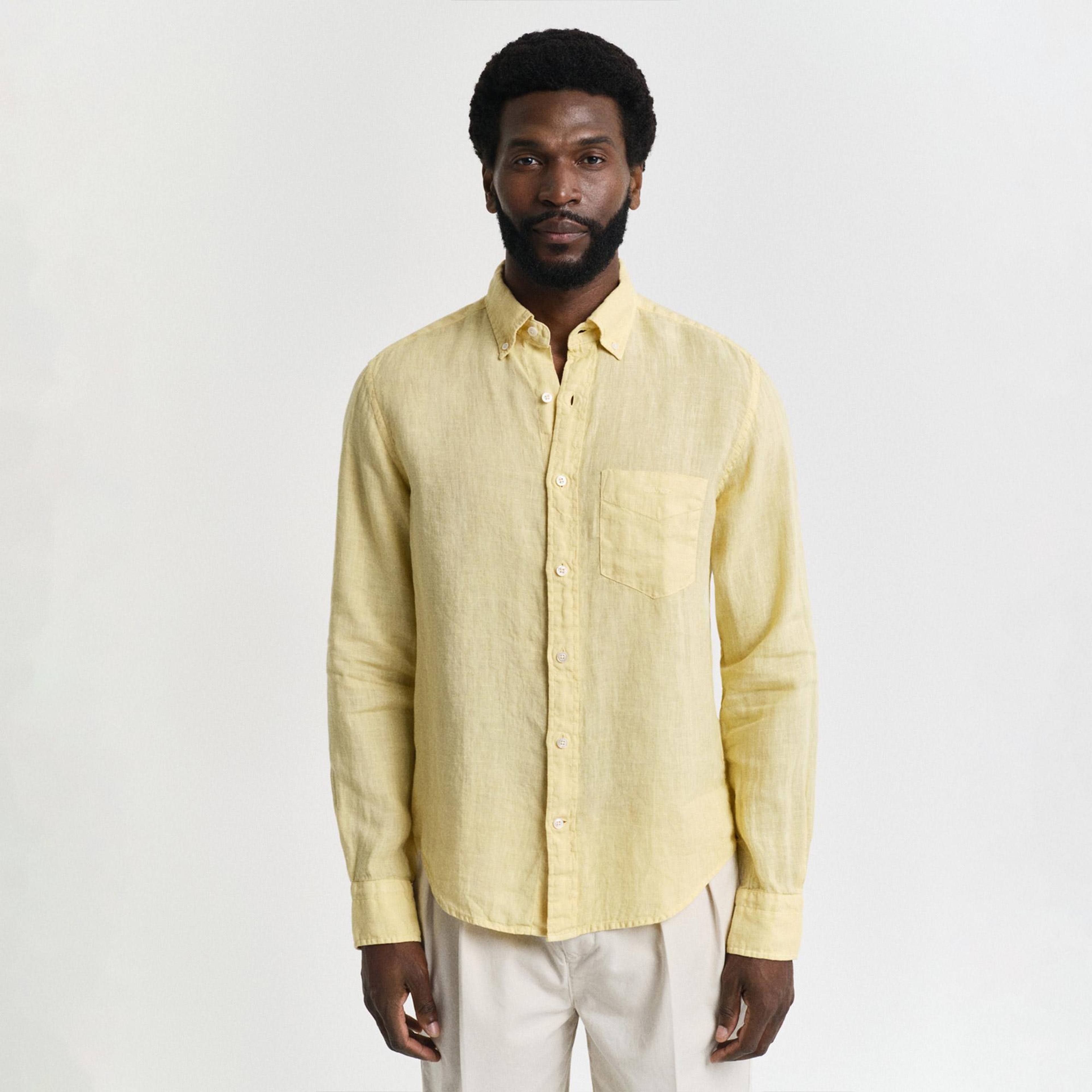 Gant Erkek Sarı Regular Fit Düğmeli Yaka Keten Gömlek