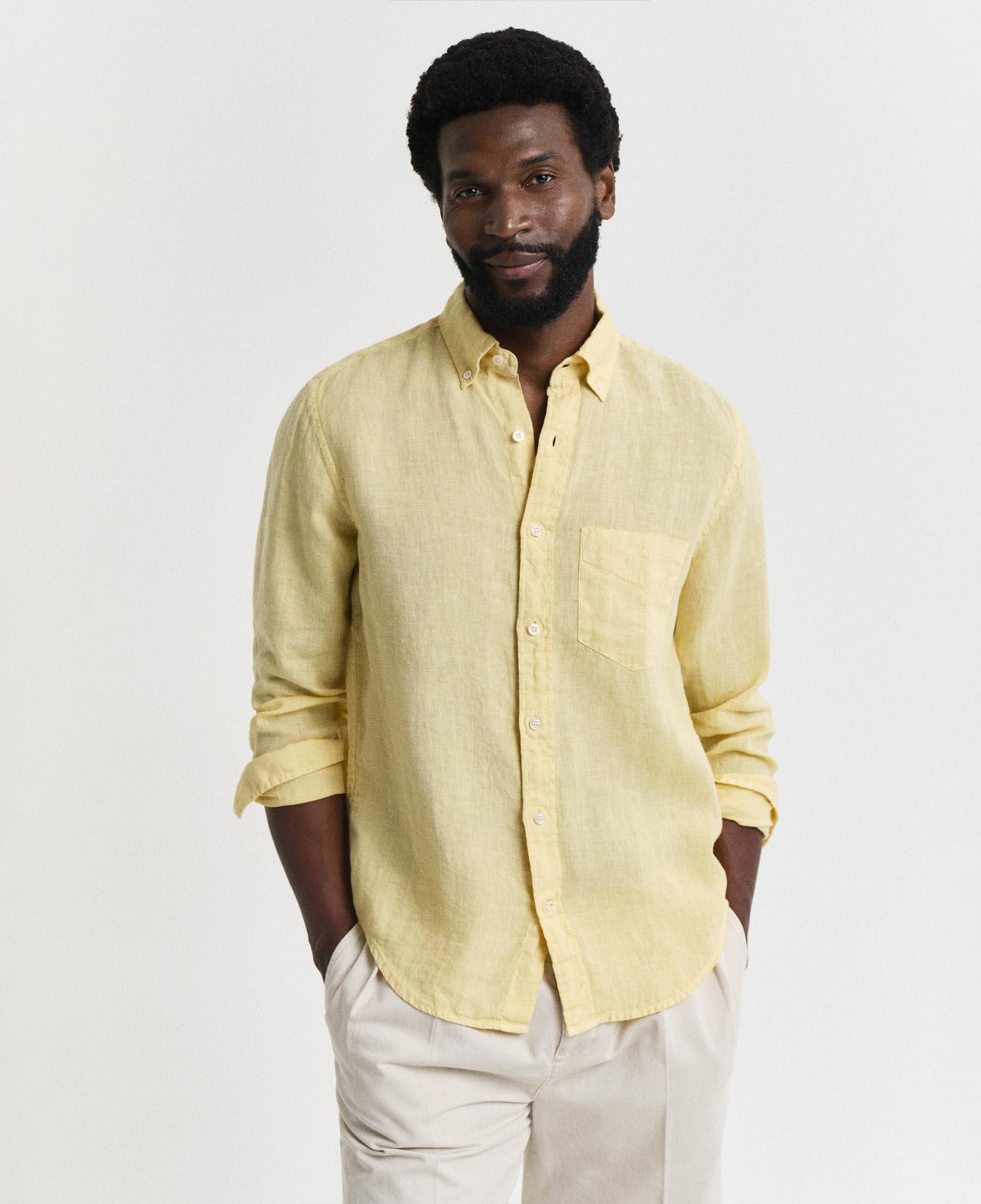 Gant Erkek Sarı Regular Fit Düğmeli Yaka Keten Gömlek