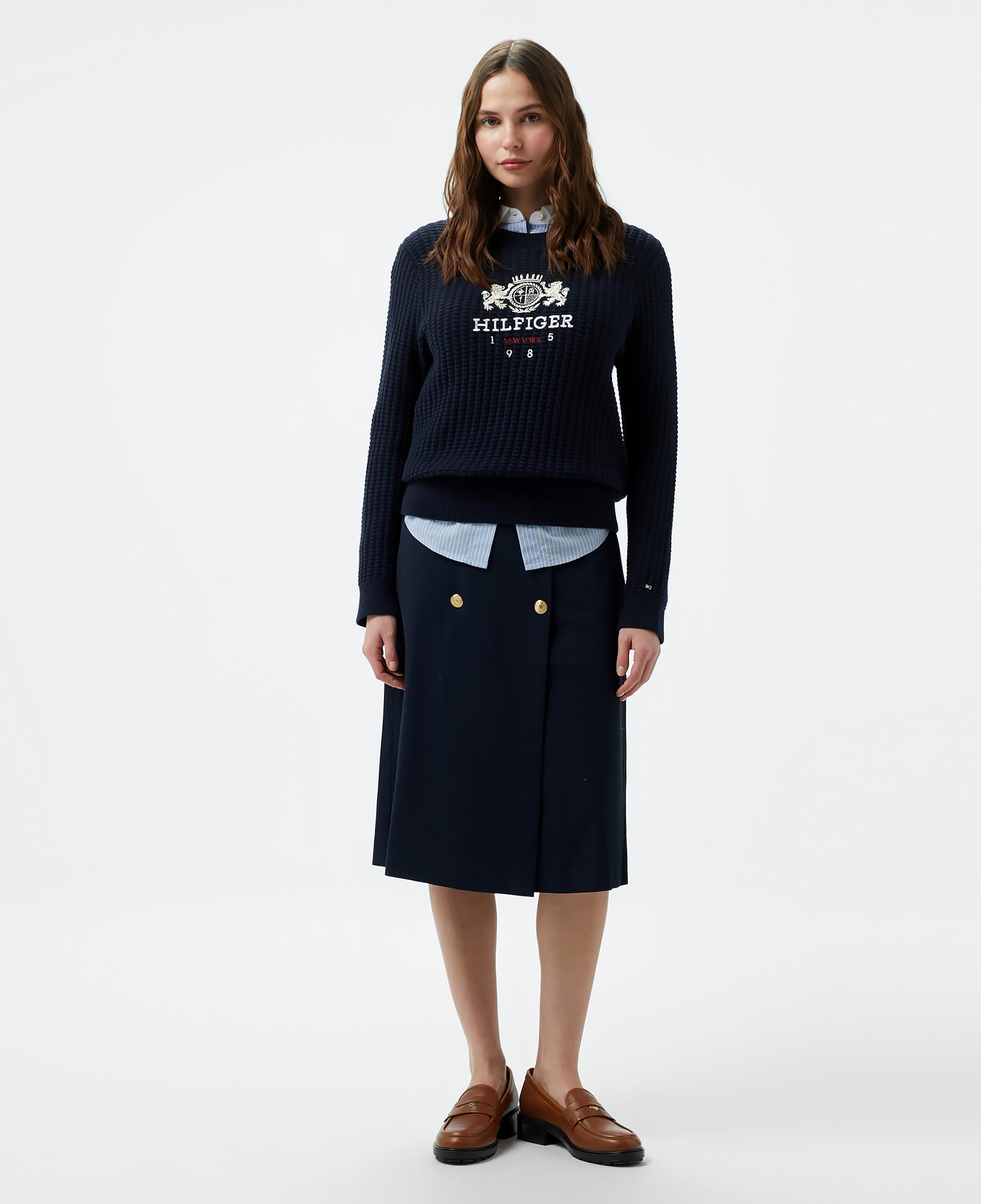 Tommy Hilfiger Gold Button Twill Midi Kadın Mavi Etek