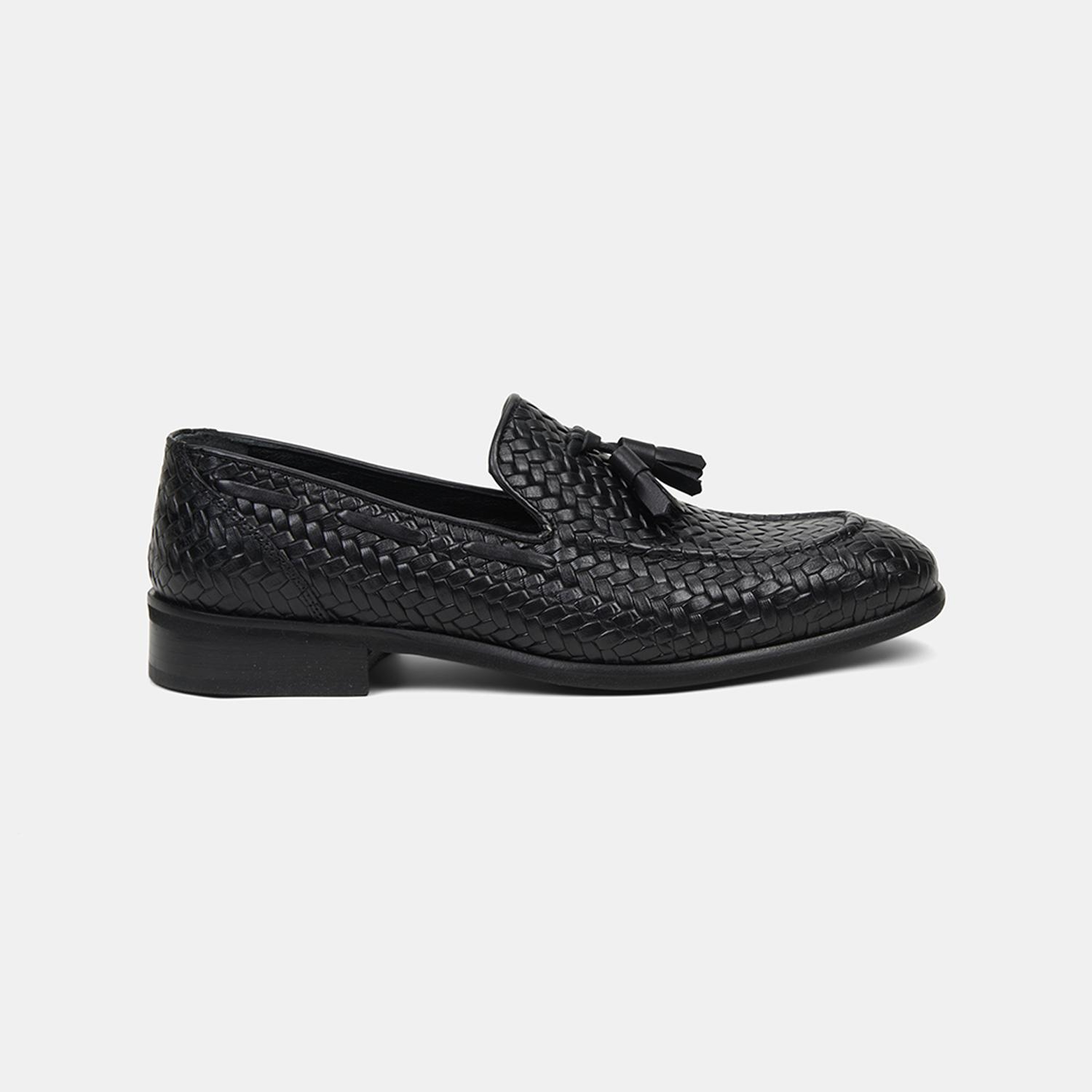 Erkek Siyah Örgü Desenli Püsküllü Deri Loafer