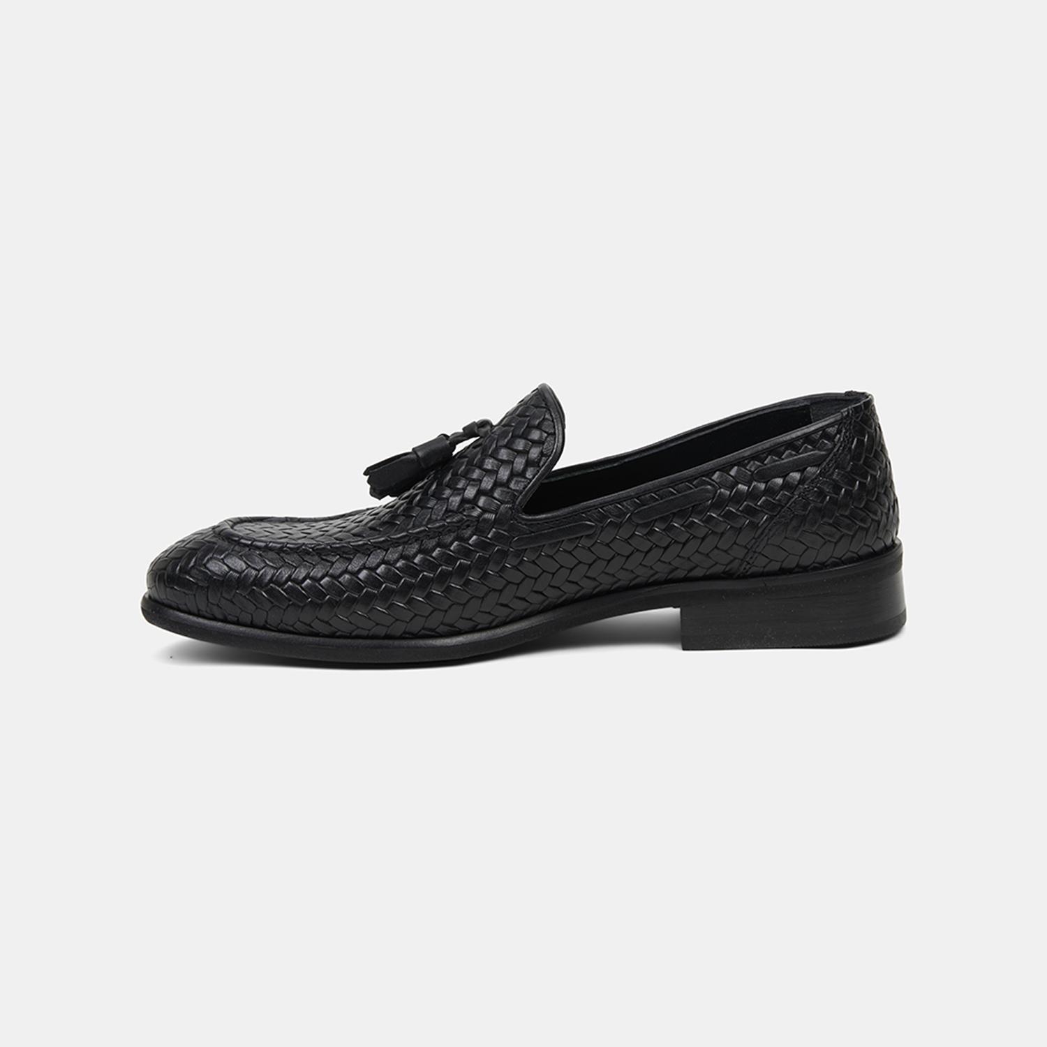 Erkek Siyah Örgü Desenli Püsküllü Deri Loafer