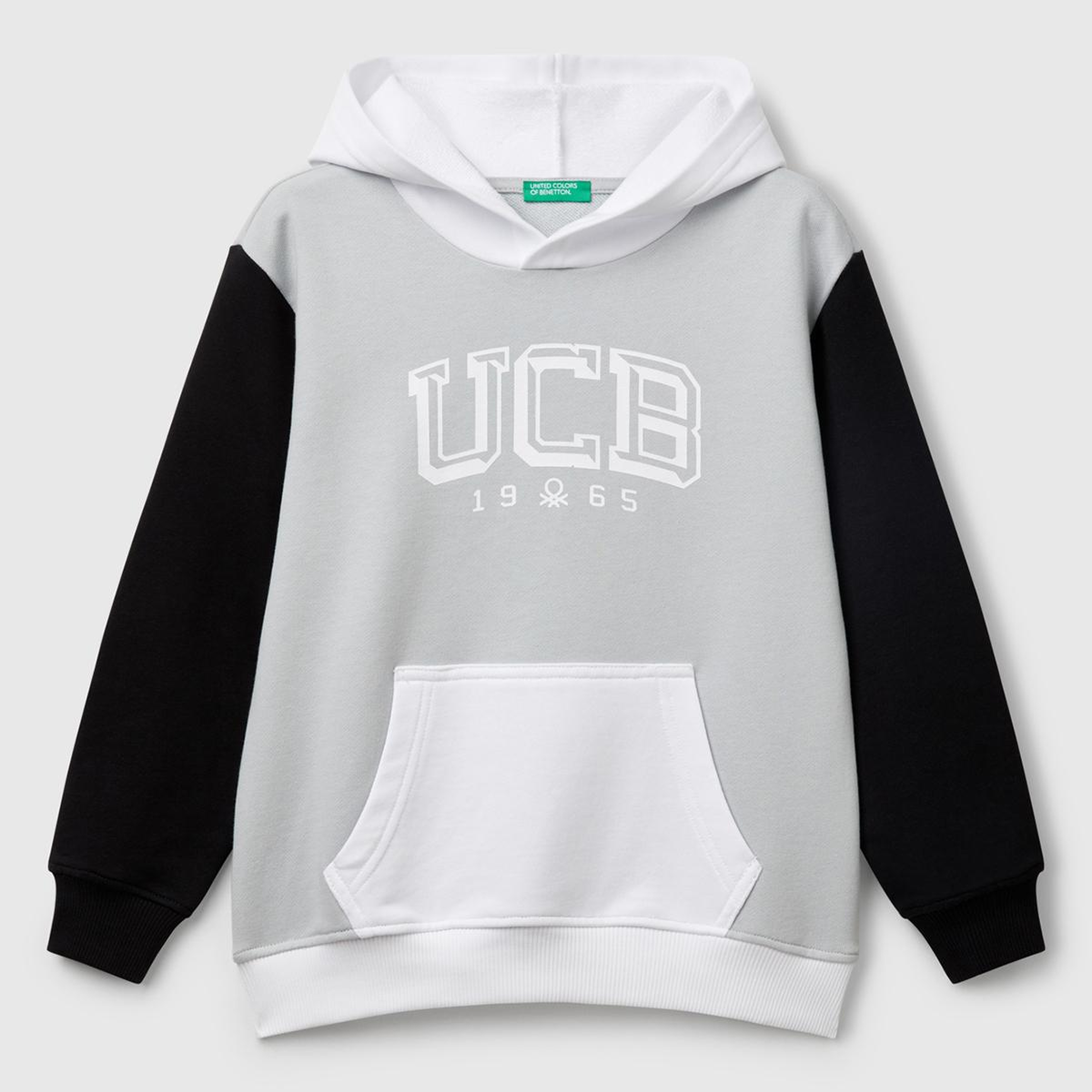 Erkek Çocuk Gri Benetton Logolu Kanguru Cepli Kapüşonlu Sweatshirt