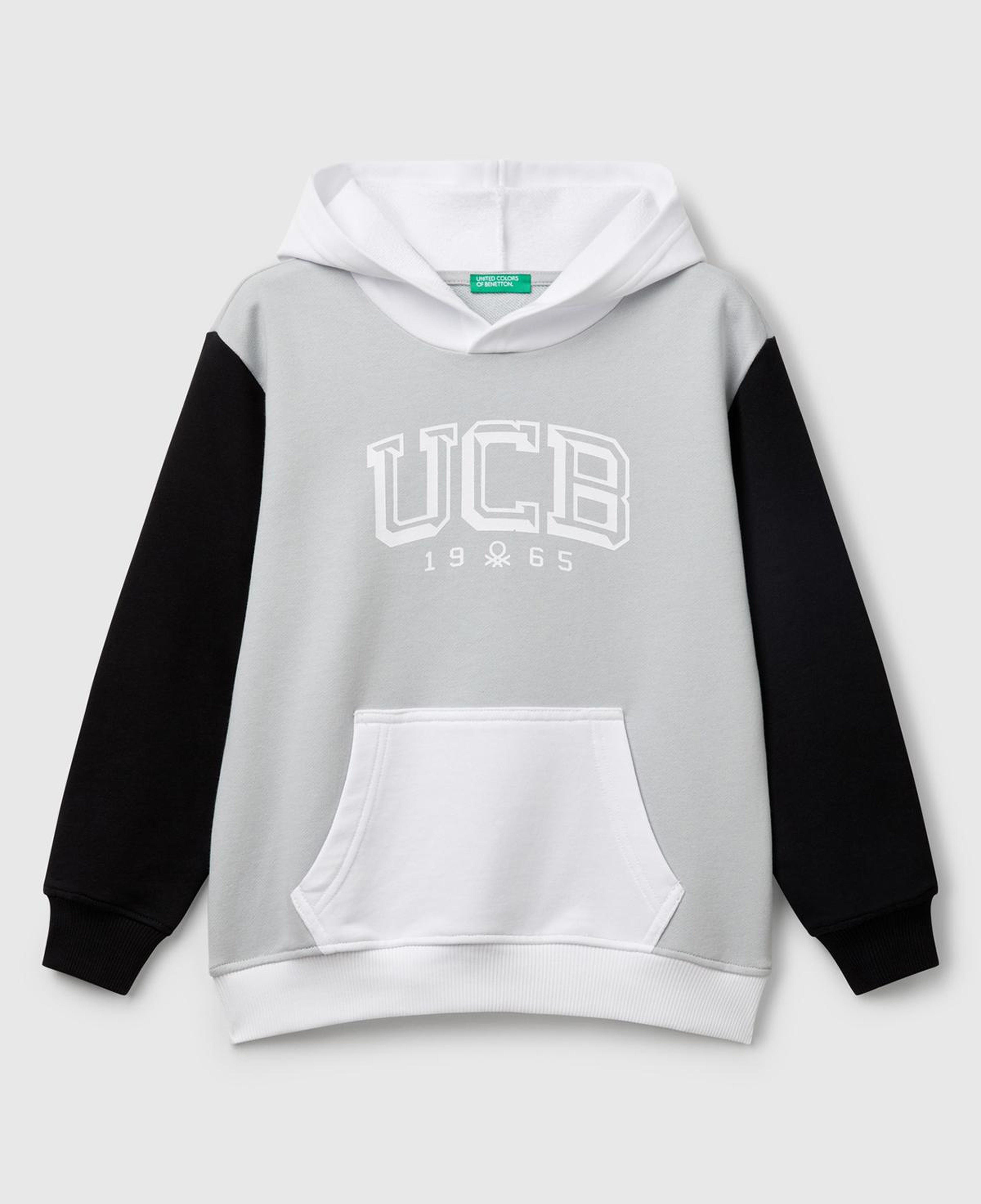 Erkek Çocuk Gri Benetton Logolu Kanguru Cepli Kapüşonlu Sweatshirt
