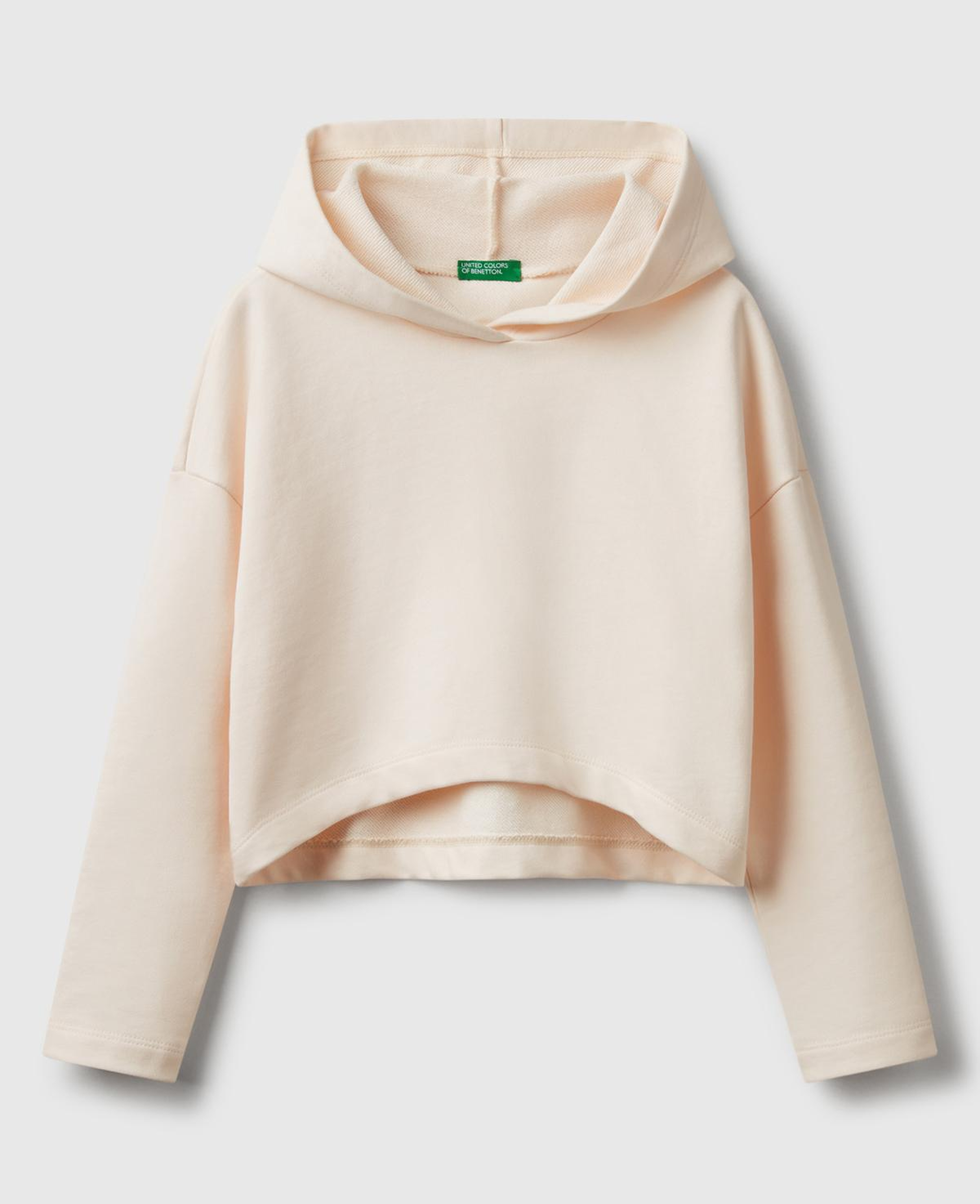 Kız Çocuk Ekru Arkası Logo Etiketli Kapüşonlu Relax Fit Sweatshirt