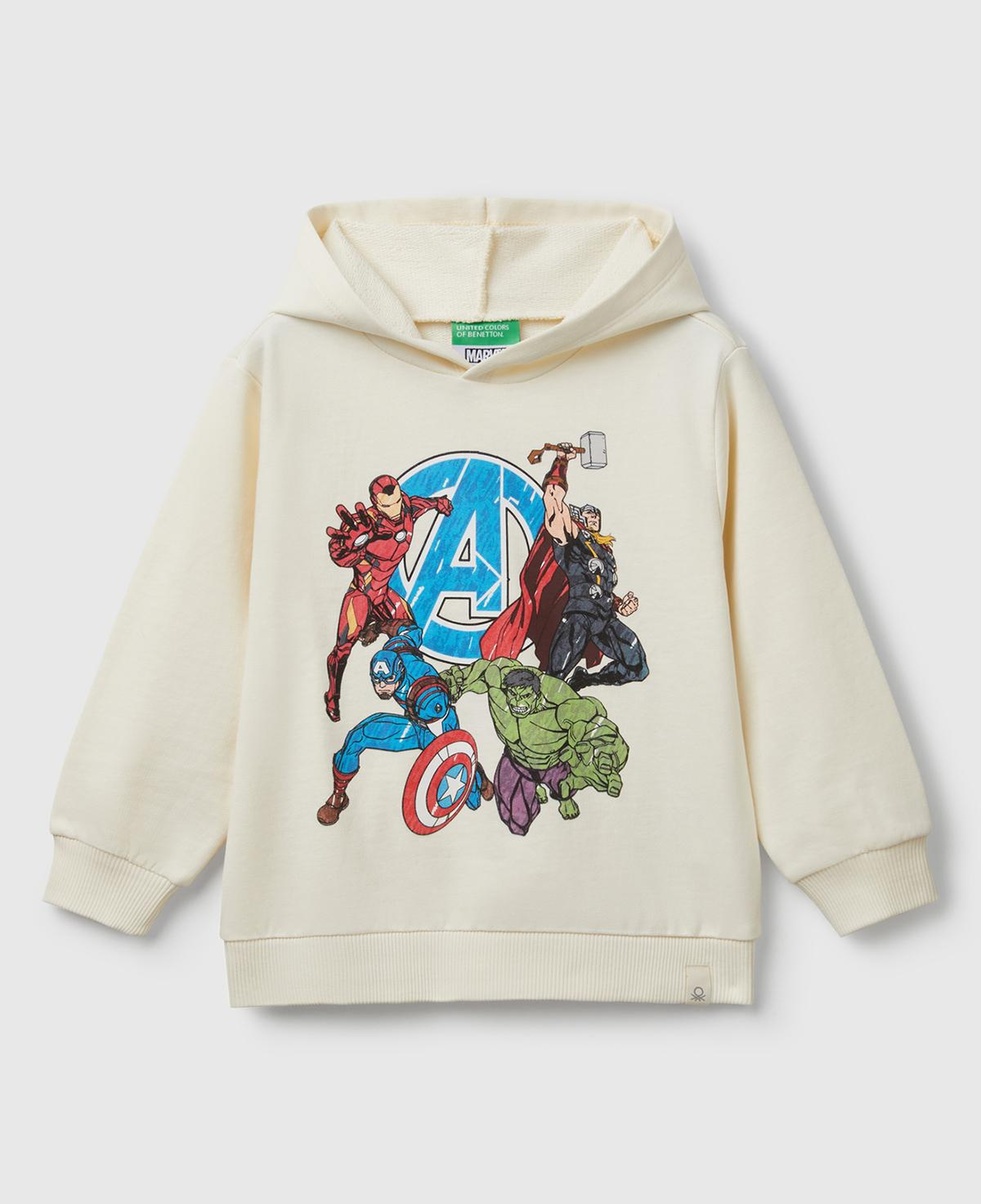 Erkek Çocuk Ekru Marvel Kahraman Baskılı Etiket Logolu Kapüşonlu Sweatshirt