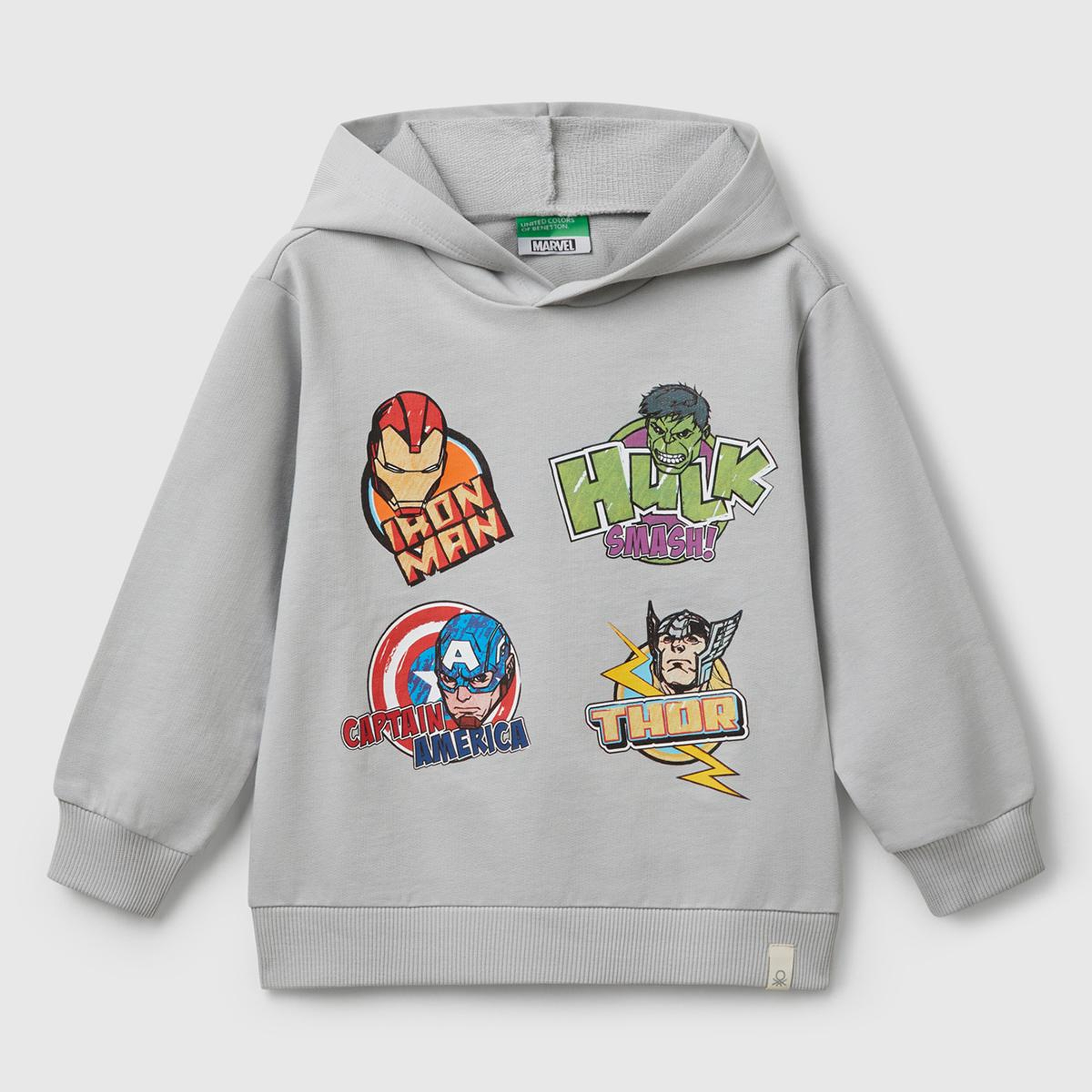 Erkek Çocuk Gri Melanj Marvel Kahraman Baskılı Etiket Logolu Kapüşonlu Sweatshirt
