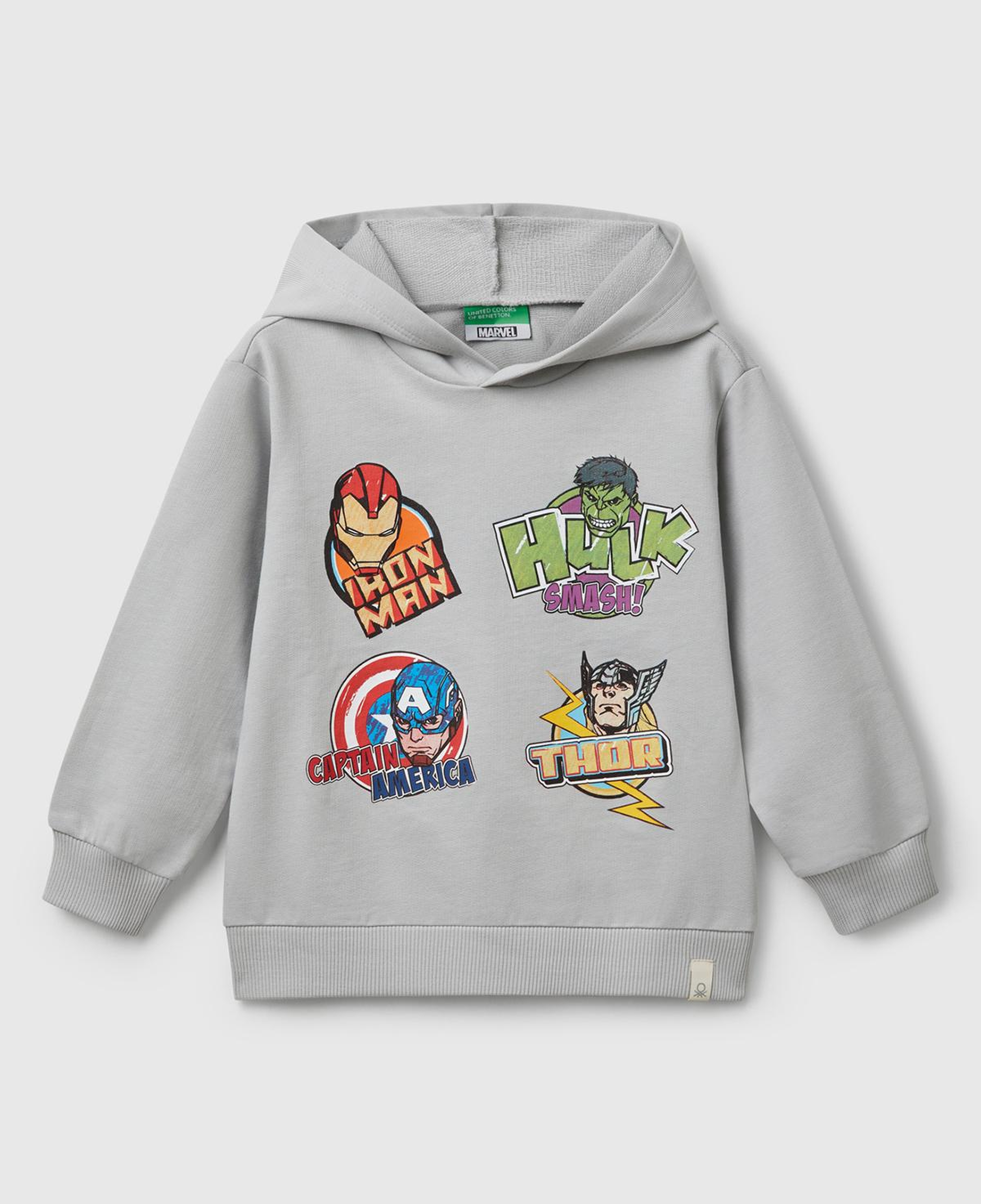 Erkek Çocuk Gri Melanj Marvel Kahraman Baskılı Etiket Logolu Kapüşonlu Sweatshirt