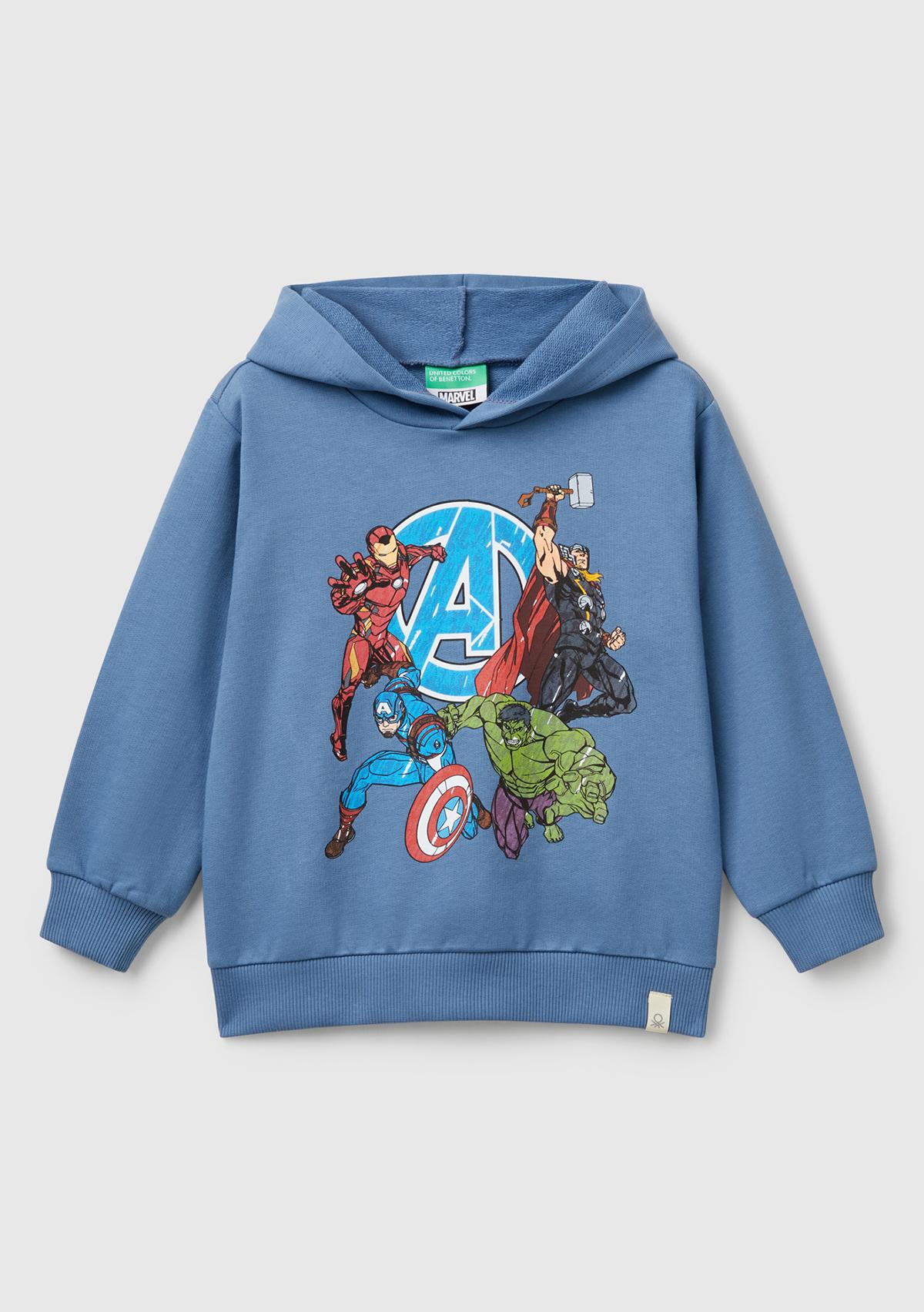 Erkek Çocuk Havacı Mavi Marvel Kahraman Baskılı Etiket Logolu Kapüşonlu Sweatshirt