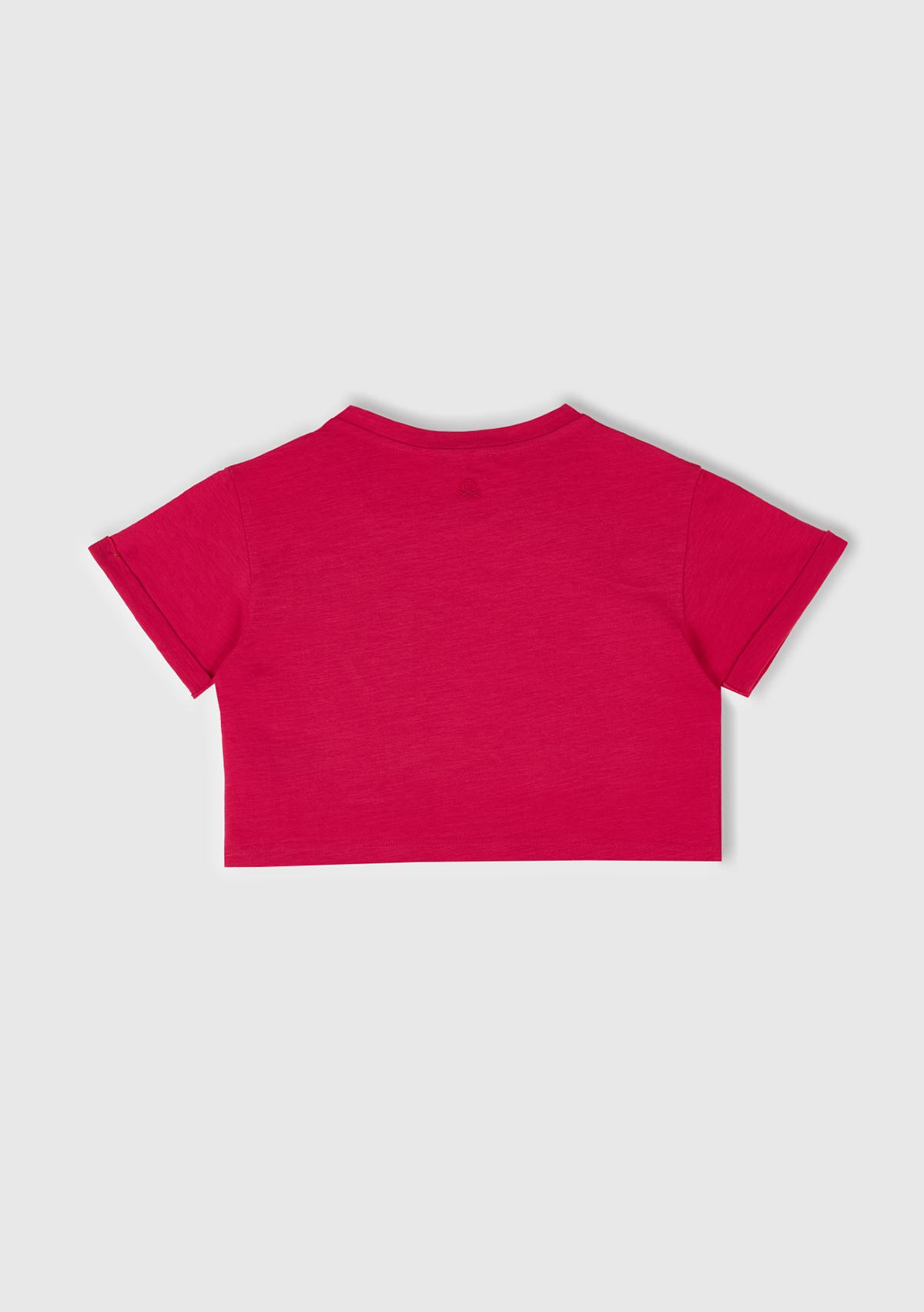 Kız Çocuk Fuşya Nakışlı Bisiklet Yaka Crop T-Shirt
