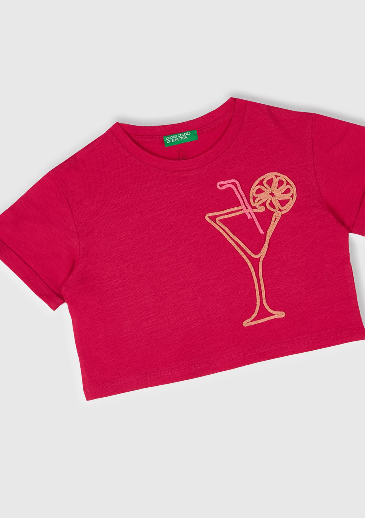 Kız Çocuk Fuşya Nakışlı Bisiklet Yaka Crop T-Shirt