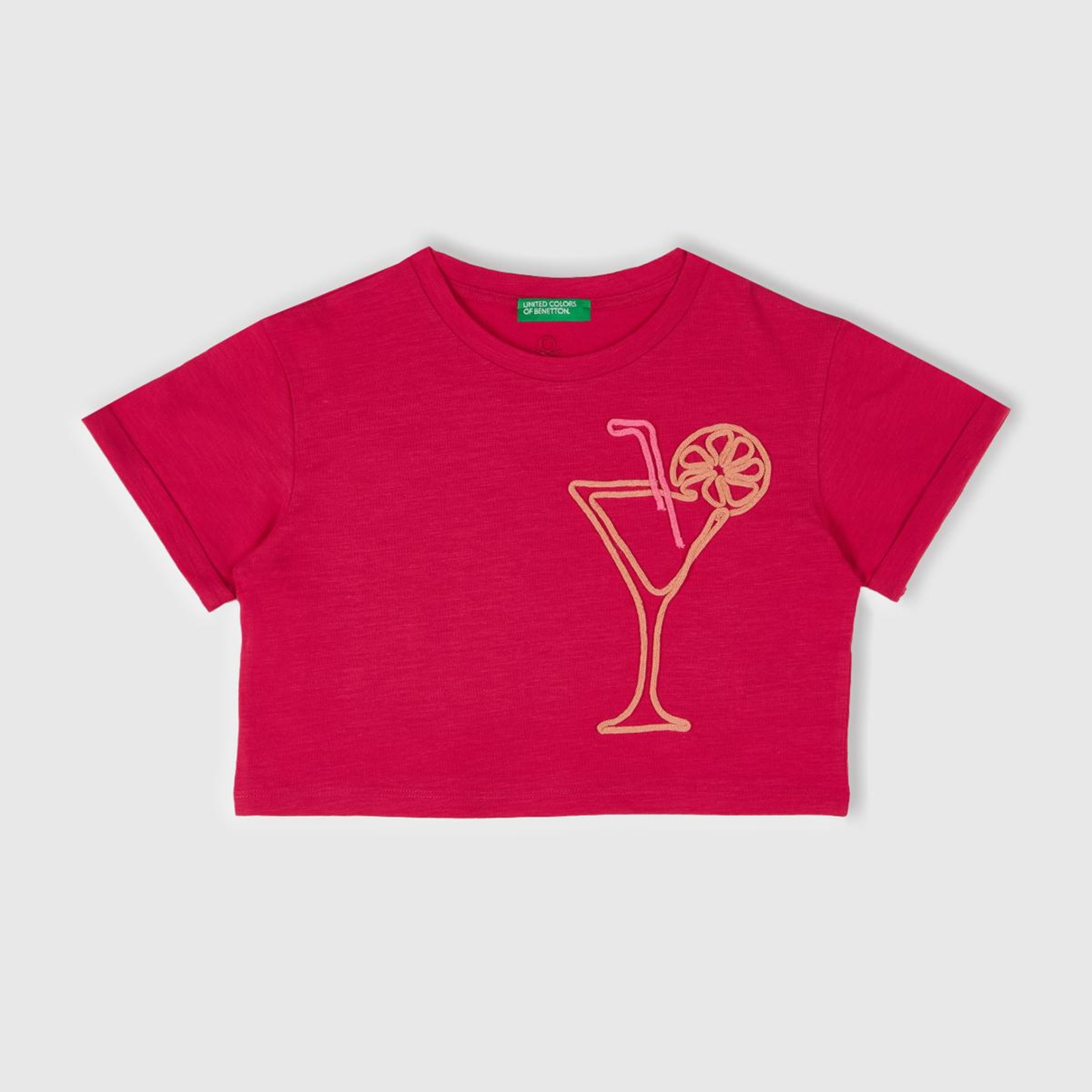 Kız Çocuk Fuşya Nakışlı Bisiklet Yaka Crop T-Shirt