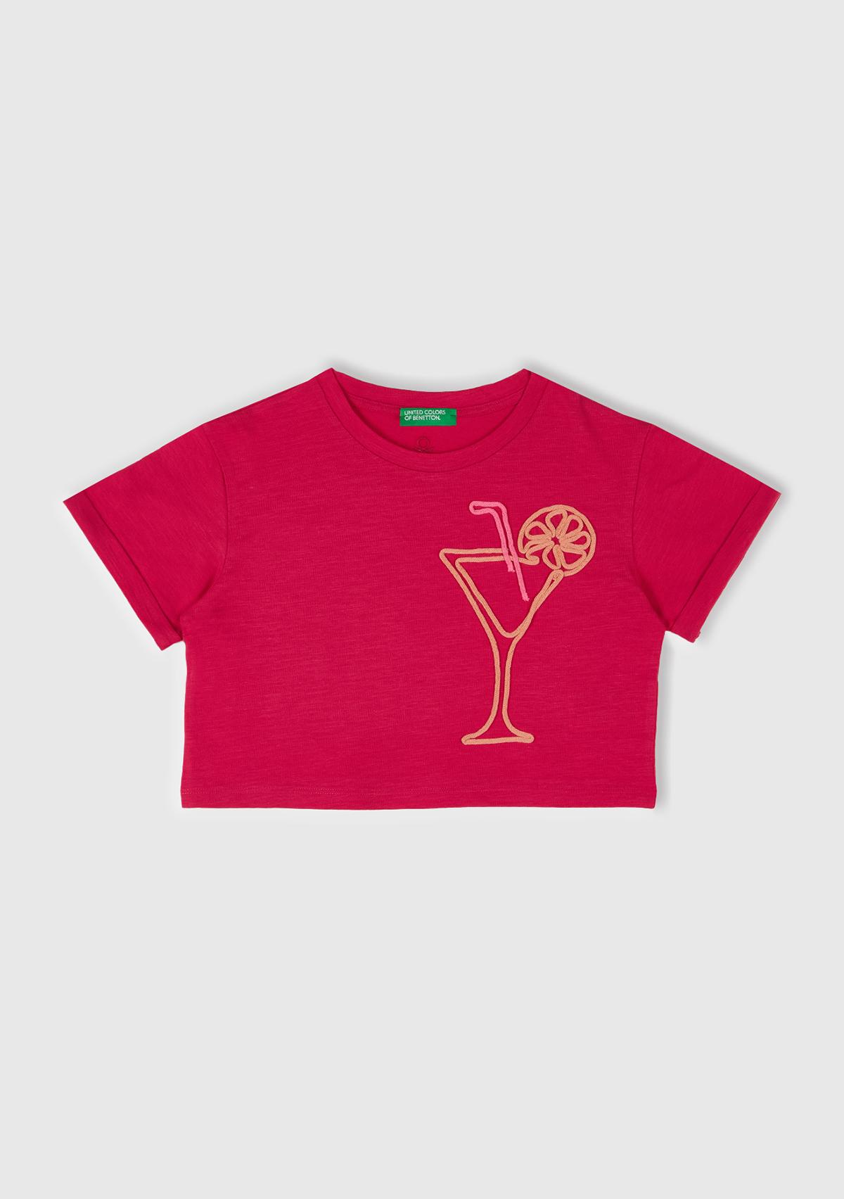 Kız Çocuk Fuşya Nakışlı Bisiklet Yaka Crop T-Shirt
