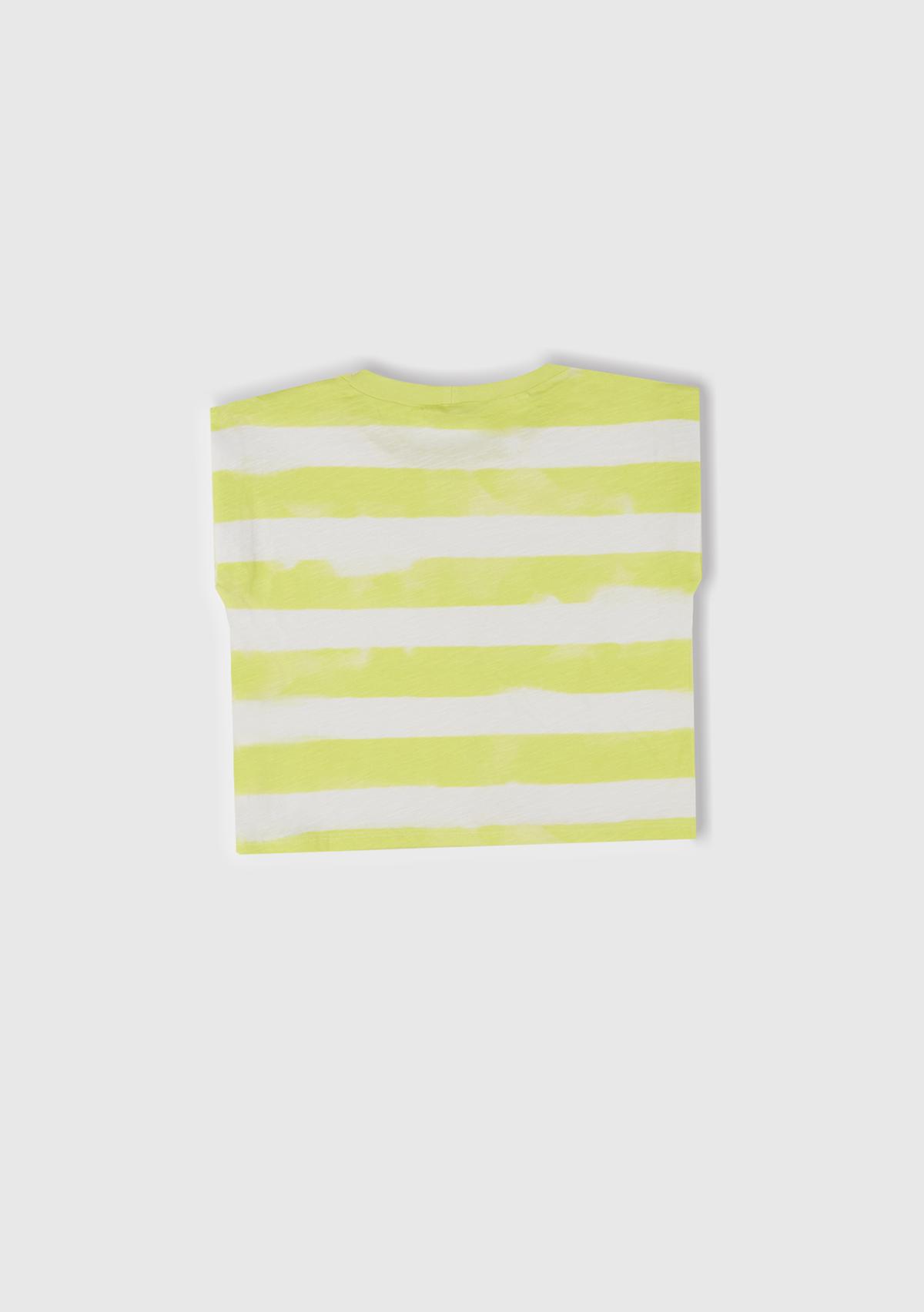 Kız Çocuk Sarı Çizgili Boynu Nervürlü Logo Etiketi Detaylı Kolsuz T-Shirt