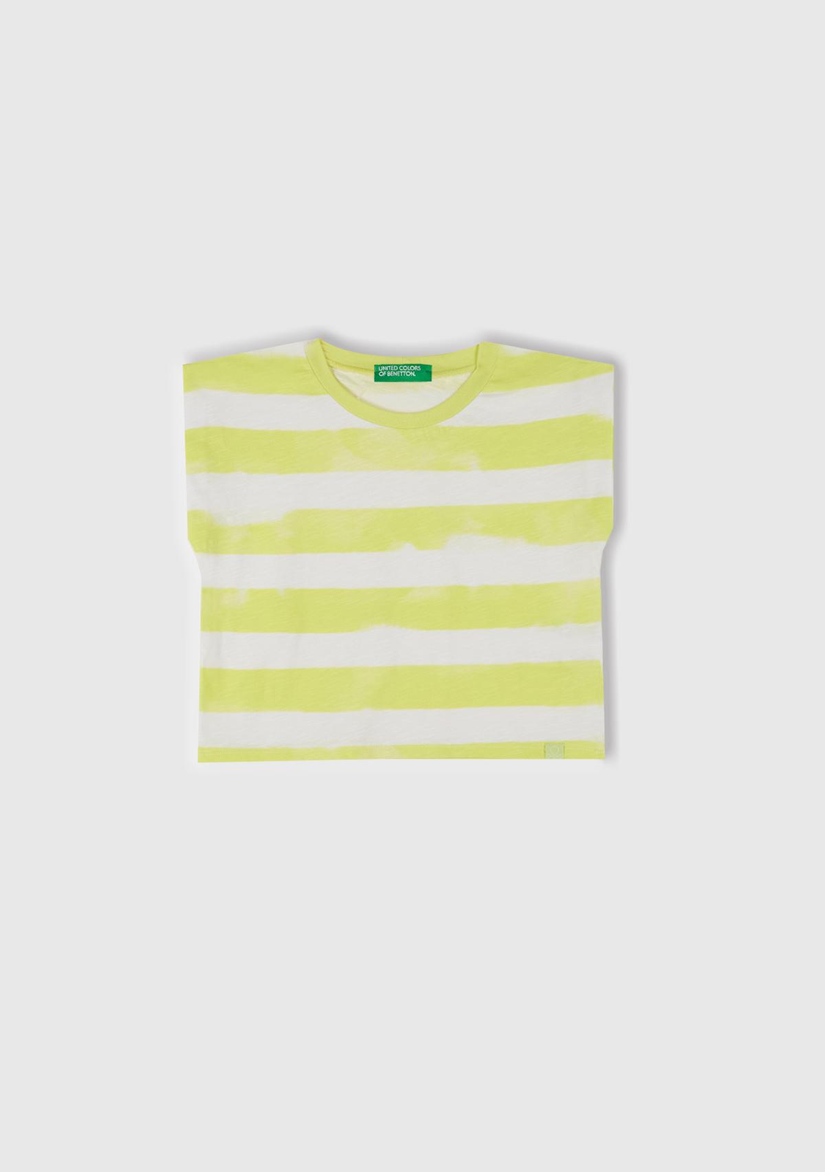 Kız Çocuk Sarı Çizgili Boynu Nervürlü Logo Etiketi Detaylı Kolsuz T-Shirt