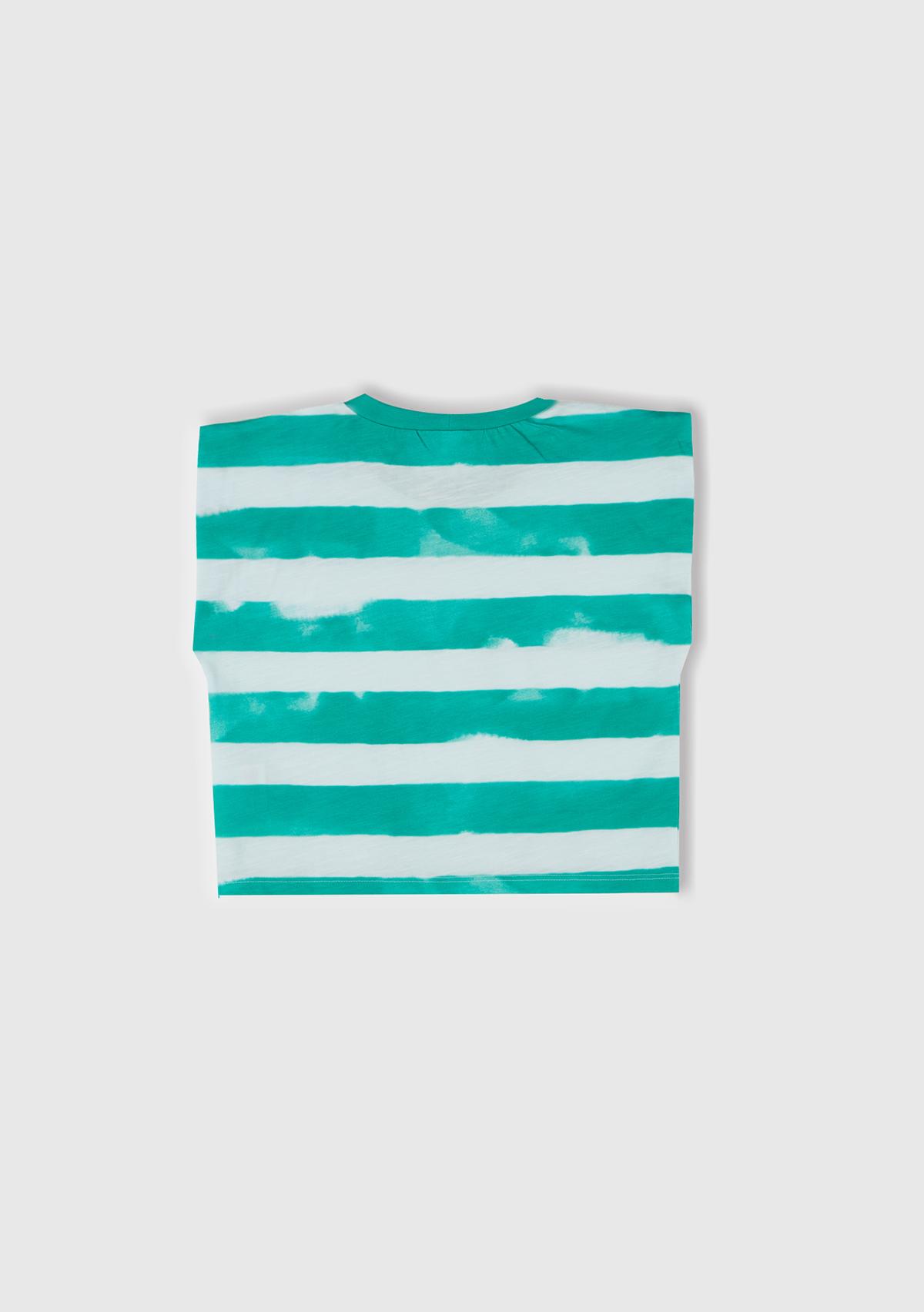 Kız Çocuk Yeşil Çizgili Boynu Nervürlü Logo Etiketi Detaylı Kolsuz T-Shirt