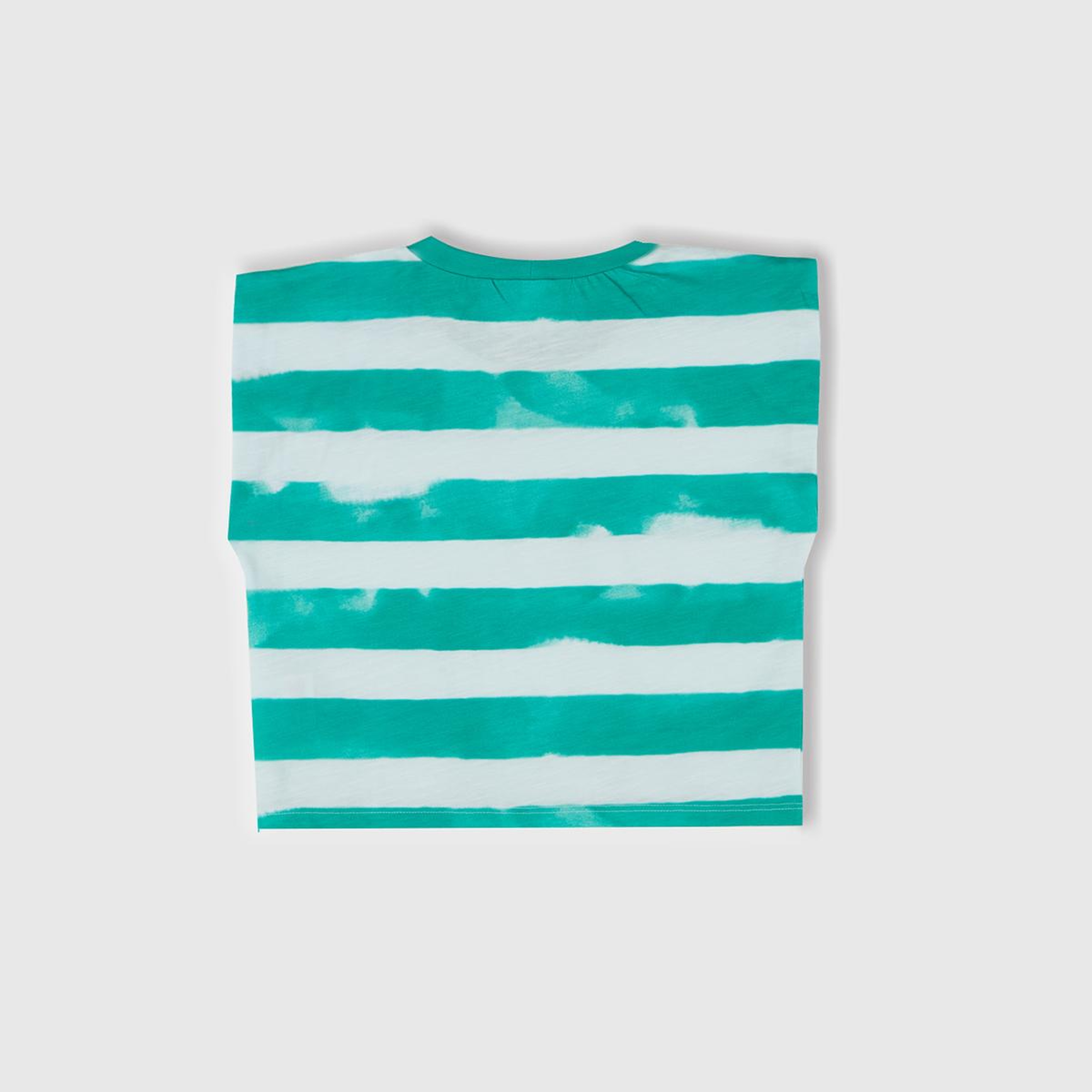 Kız Çocuk Yeşil Çizgili Boynu Nervürlü Logo Etiketi Detaylı Kolsuz T-Shirt