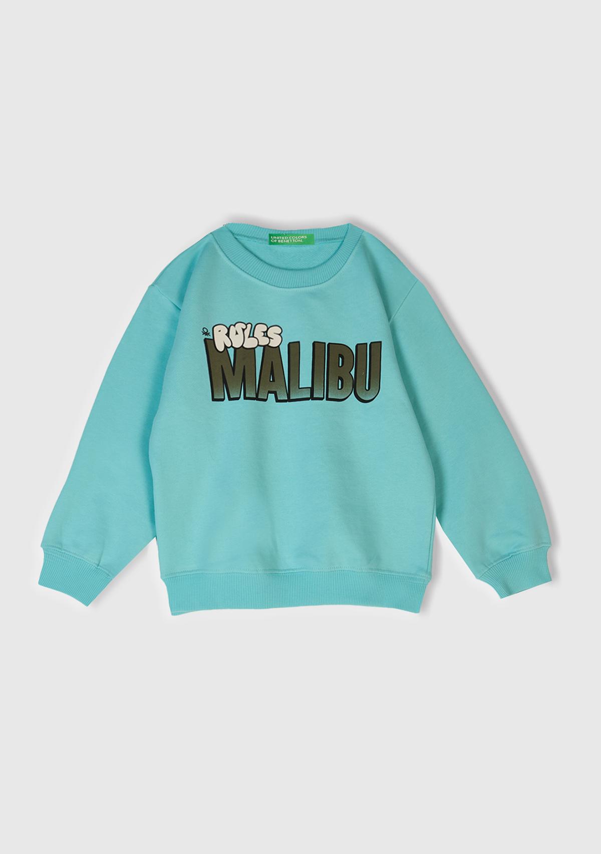 Erkek Çocuk Su Yeşili Önü Baskılı Bisiklet Yaka Sweatshirt