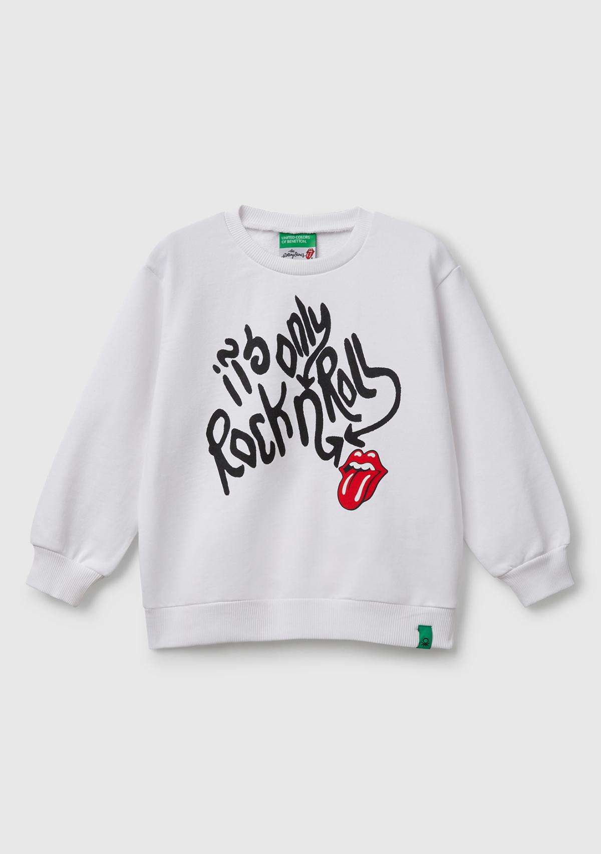 Erkek Çocuk Beyaz Rolling Stones Baskılı Etiket Logolu Bisiklet Yaka Sweatshirt