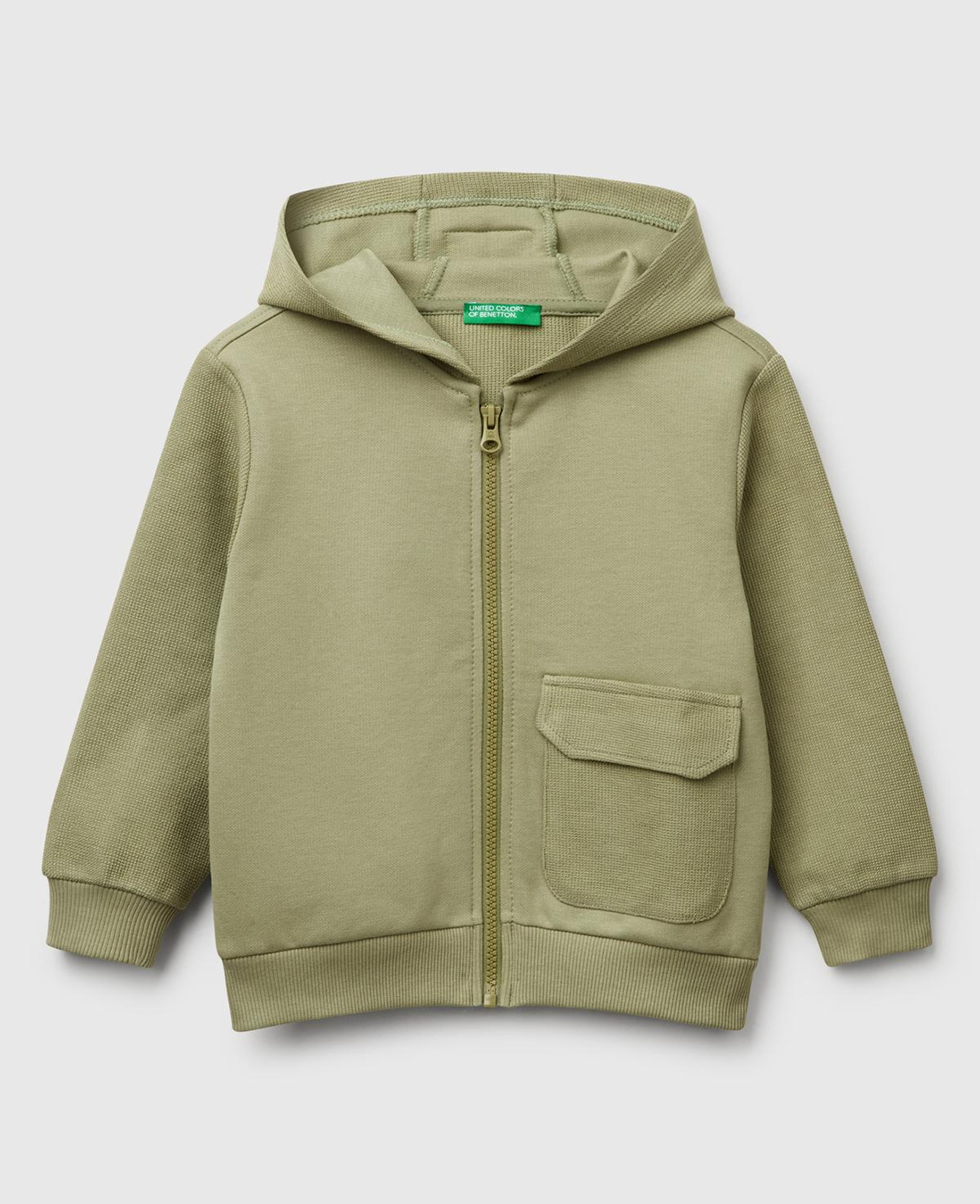 Erkek Çocuk Haki Fermuarlı Yama Cepli Kapüşonlu Sweatshirt