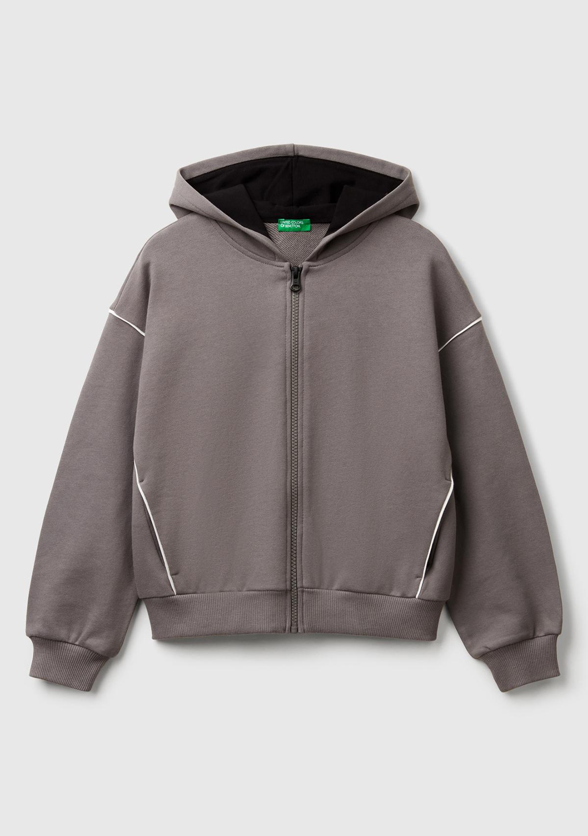 Kız Çocuk Antrasit Kontrastlı Logo Etiketli Kapüşonlu Fermuarlı Oversize Sweatshirt