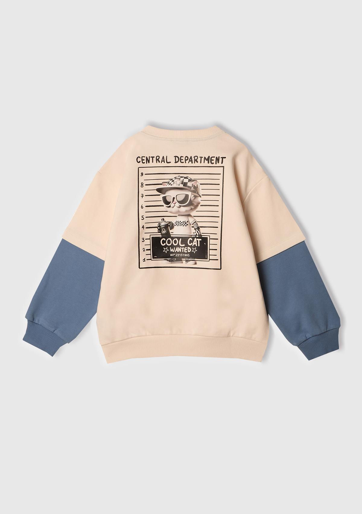 Erkek Çocuk Ekru Grafik Baskılı Çift Kollu Bisiklet Yaka Sweatshirt