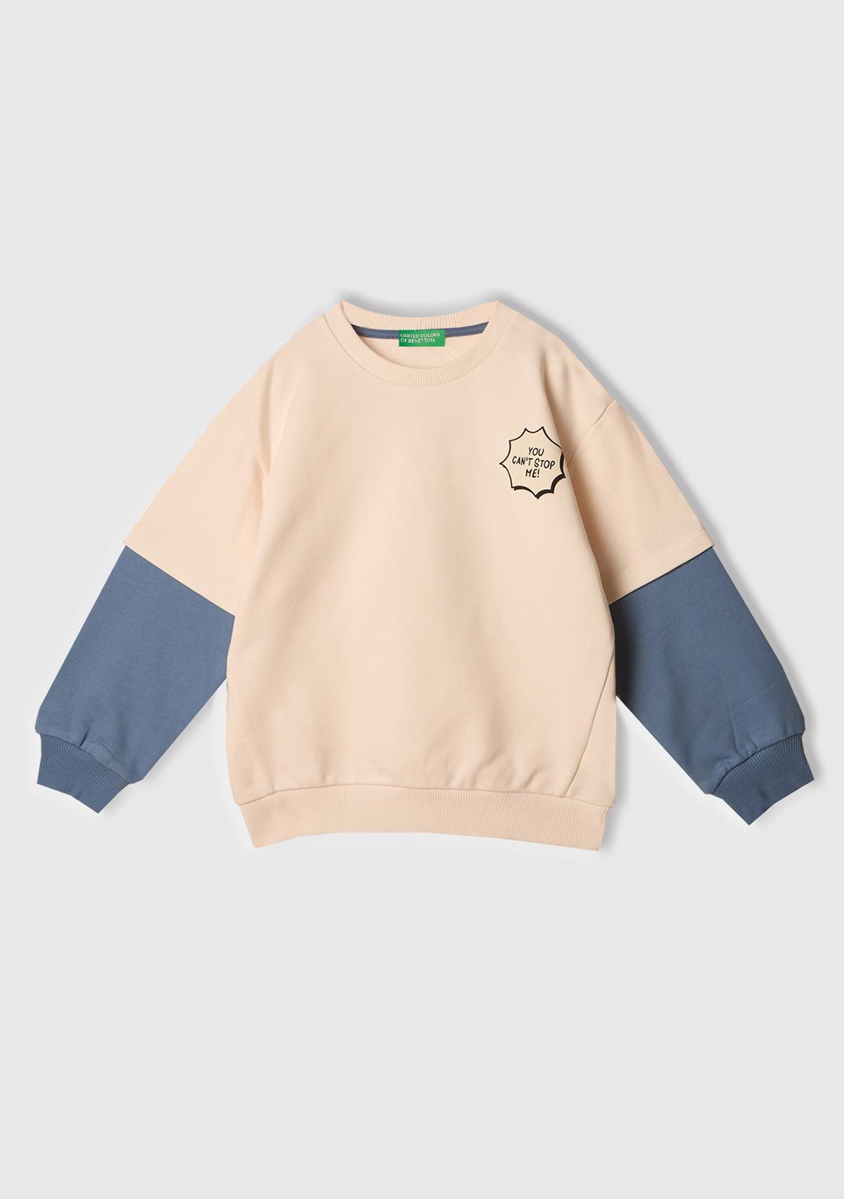 Erkek Çocuk Ekru Grafik Baskılı Çift Kollu Bisiklet Yaka Sweatshirt
