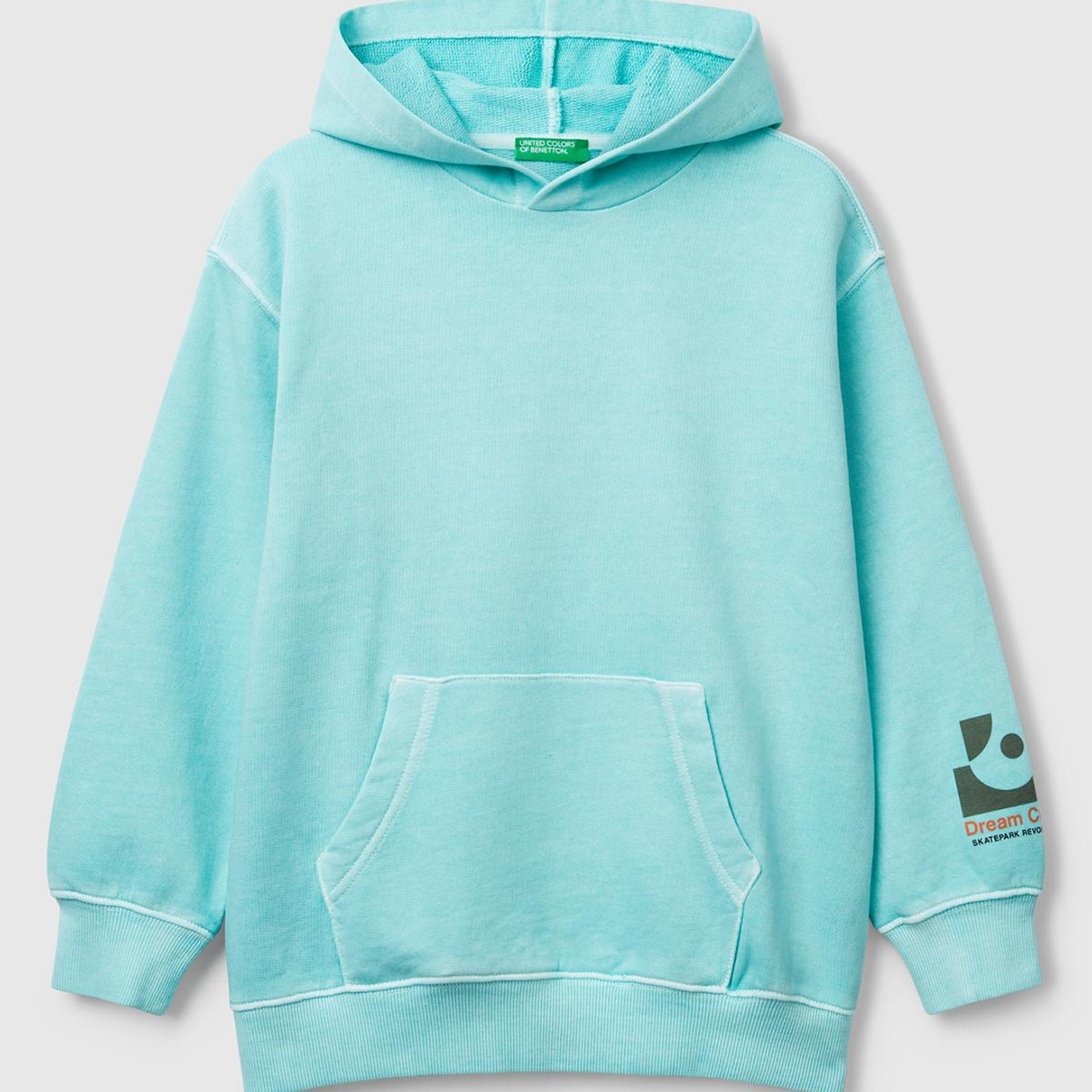 Erkek Çocuk Turkuaz Baskılı Soluk Efektli Kese Cepli Kapüşonlu Sweatshirt