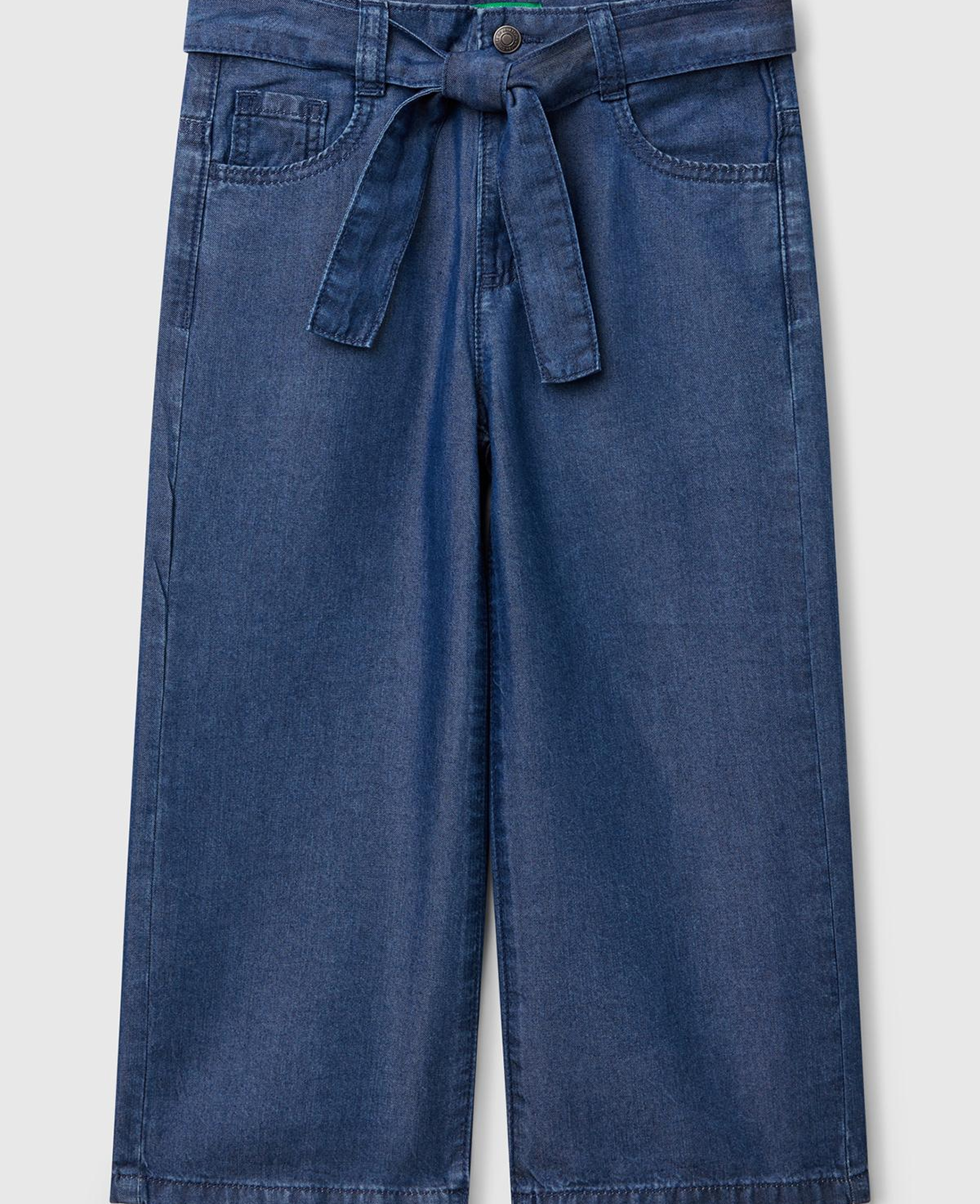 Kız Çocuk Koyu Denim %100 Liyosel Taş Yıkama Kuşaklı Wide Leg Denim Pantolon