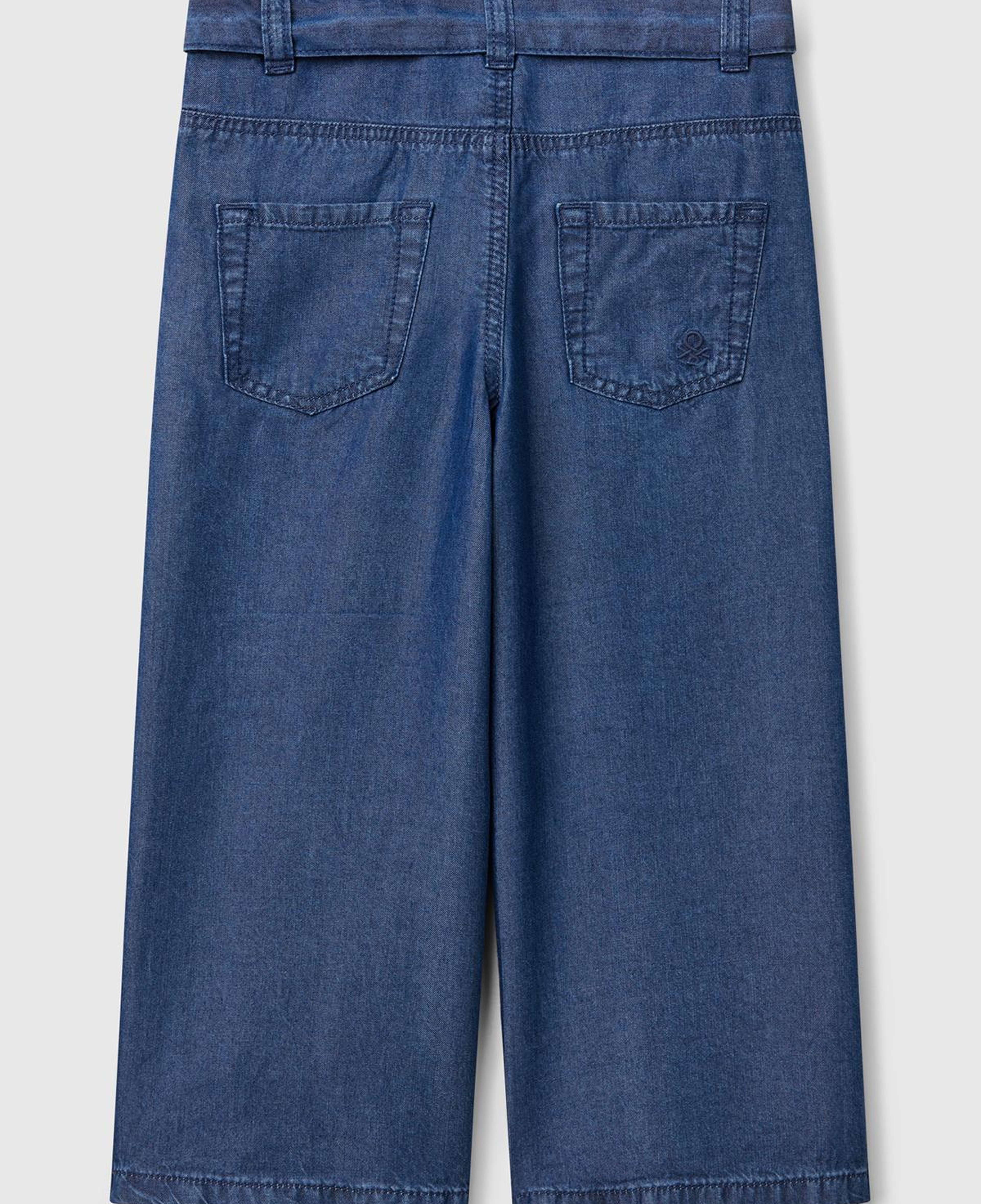 Kız Çocuk Koyu Denim %100 Liyosel Taş Yıkama Kuşaklı Wide Leg Denim Pantolon