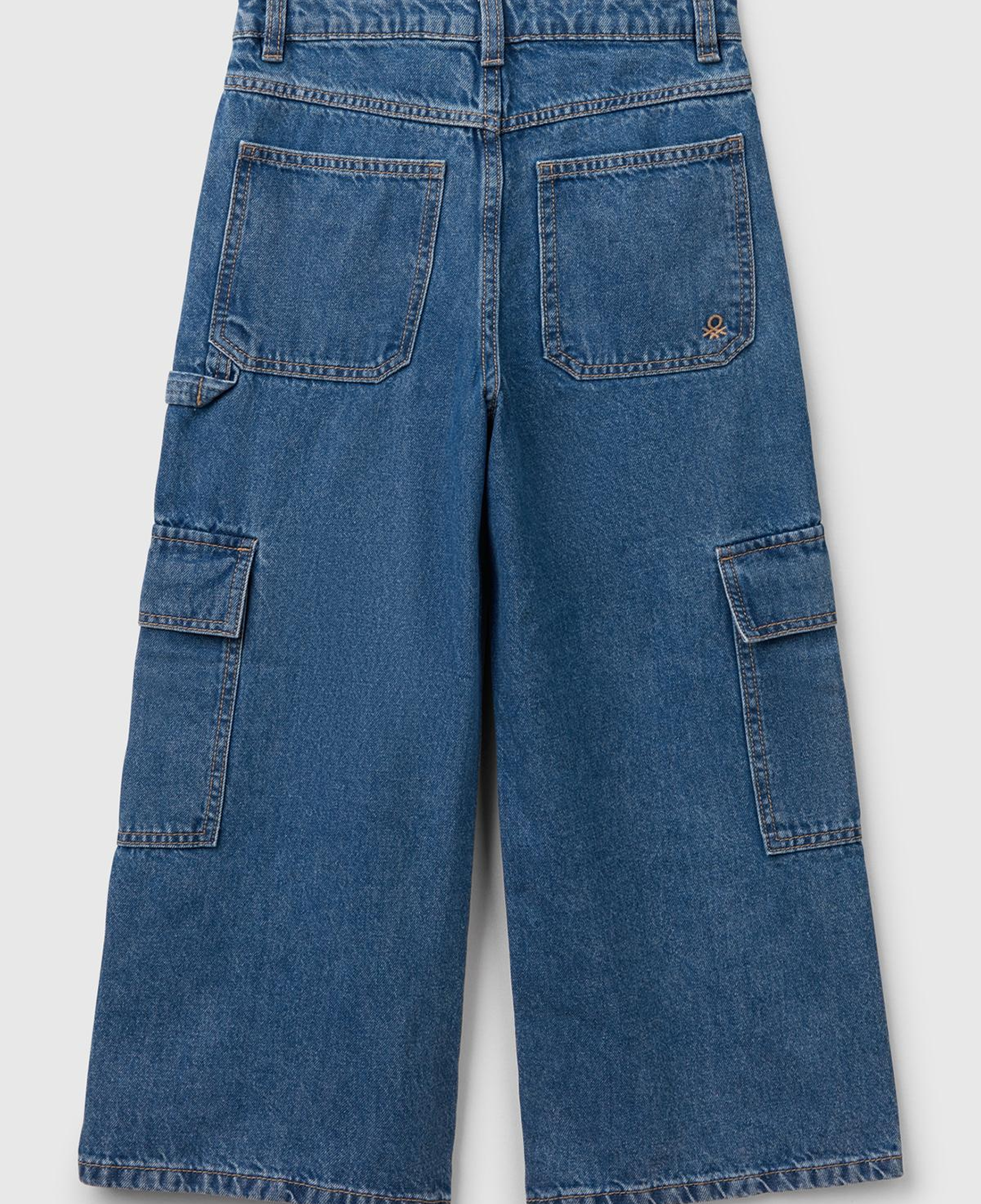 Kız Çocuk Denim Taş Yıkama Wide Fit Kargo Denim Jean