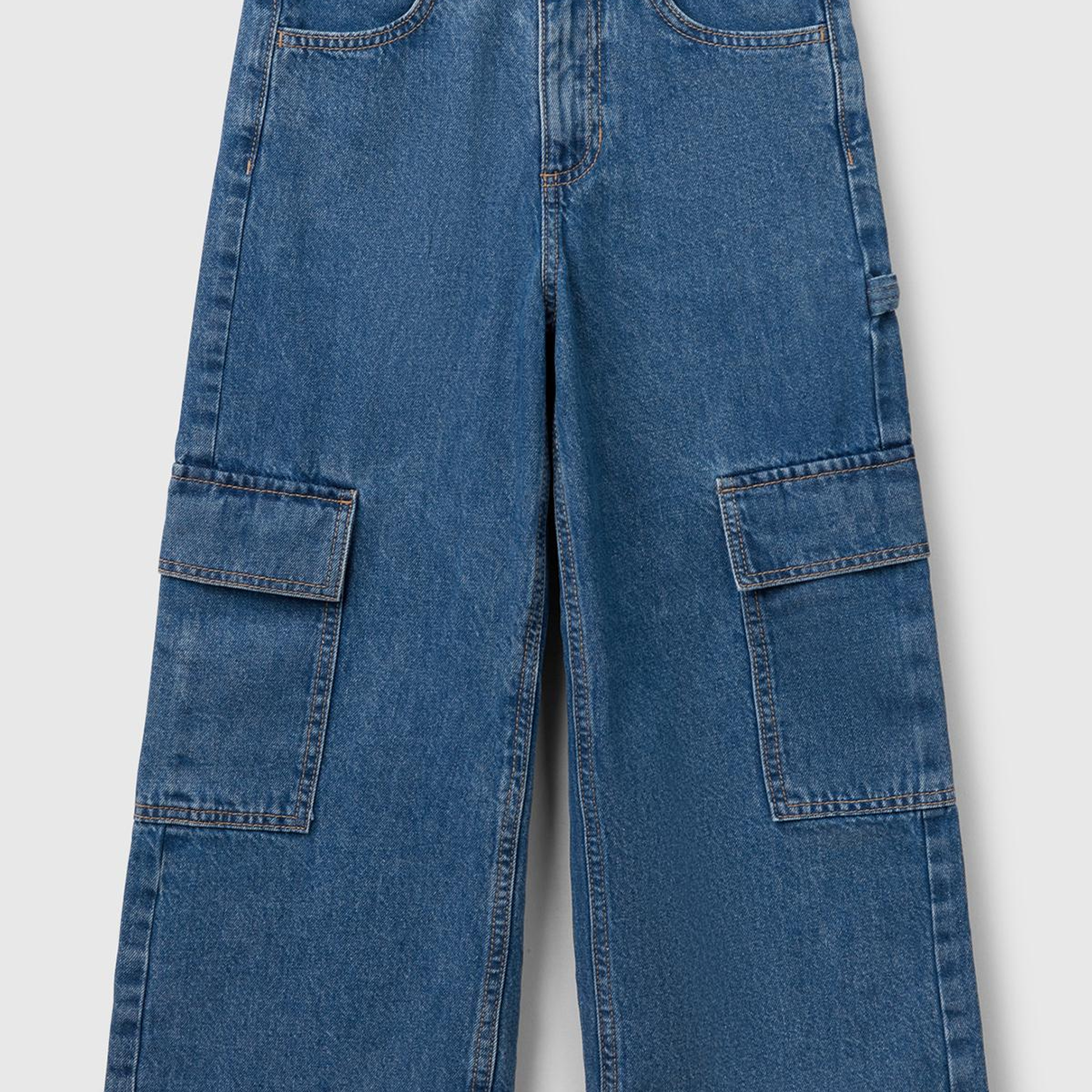 Kız Çocuk Denim Taş Yıkama Wide Fit Kargo Denim Jean