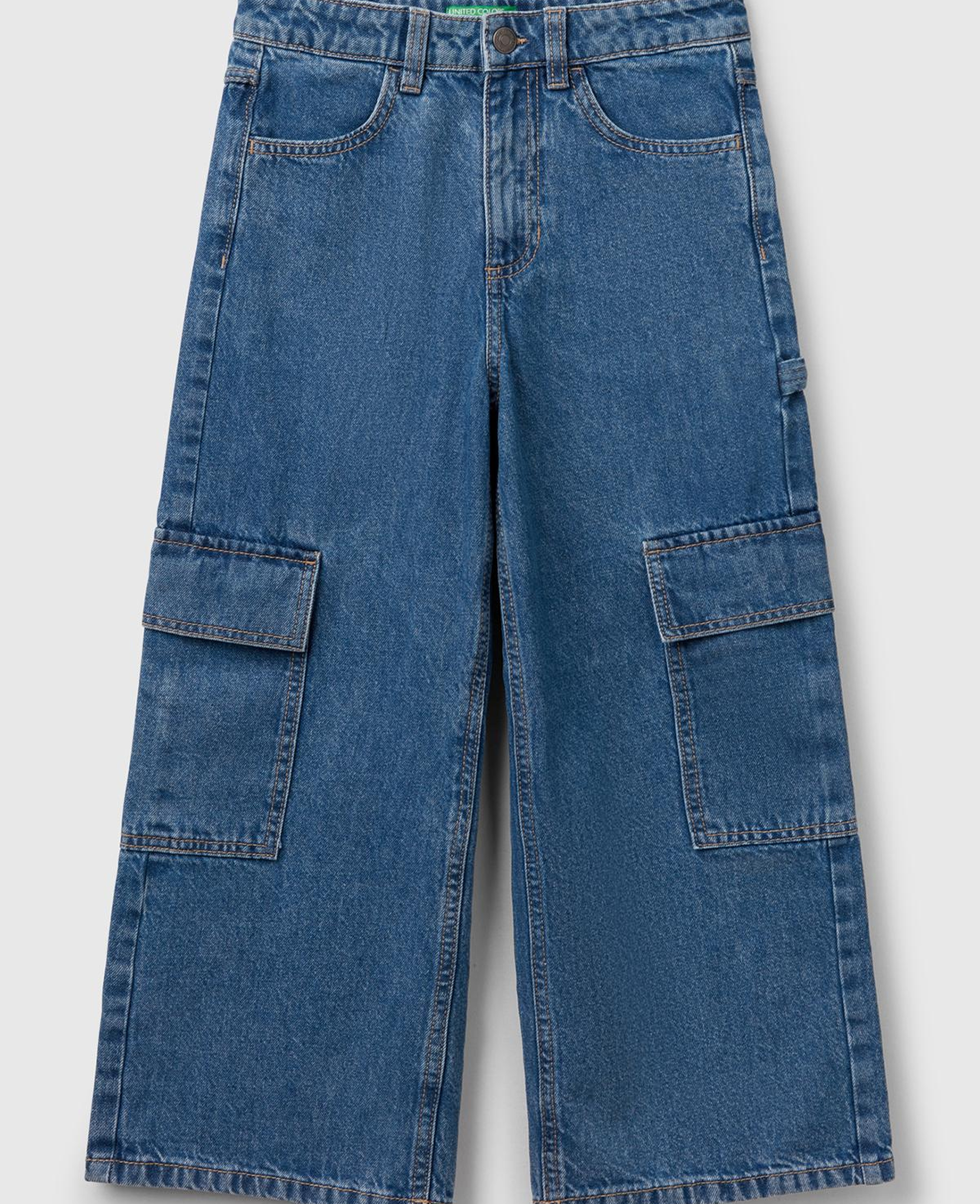 Kız Çocuk Denim Taş Yıkama Wide Fit Kargo Denim Jean