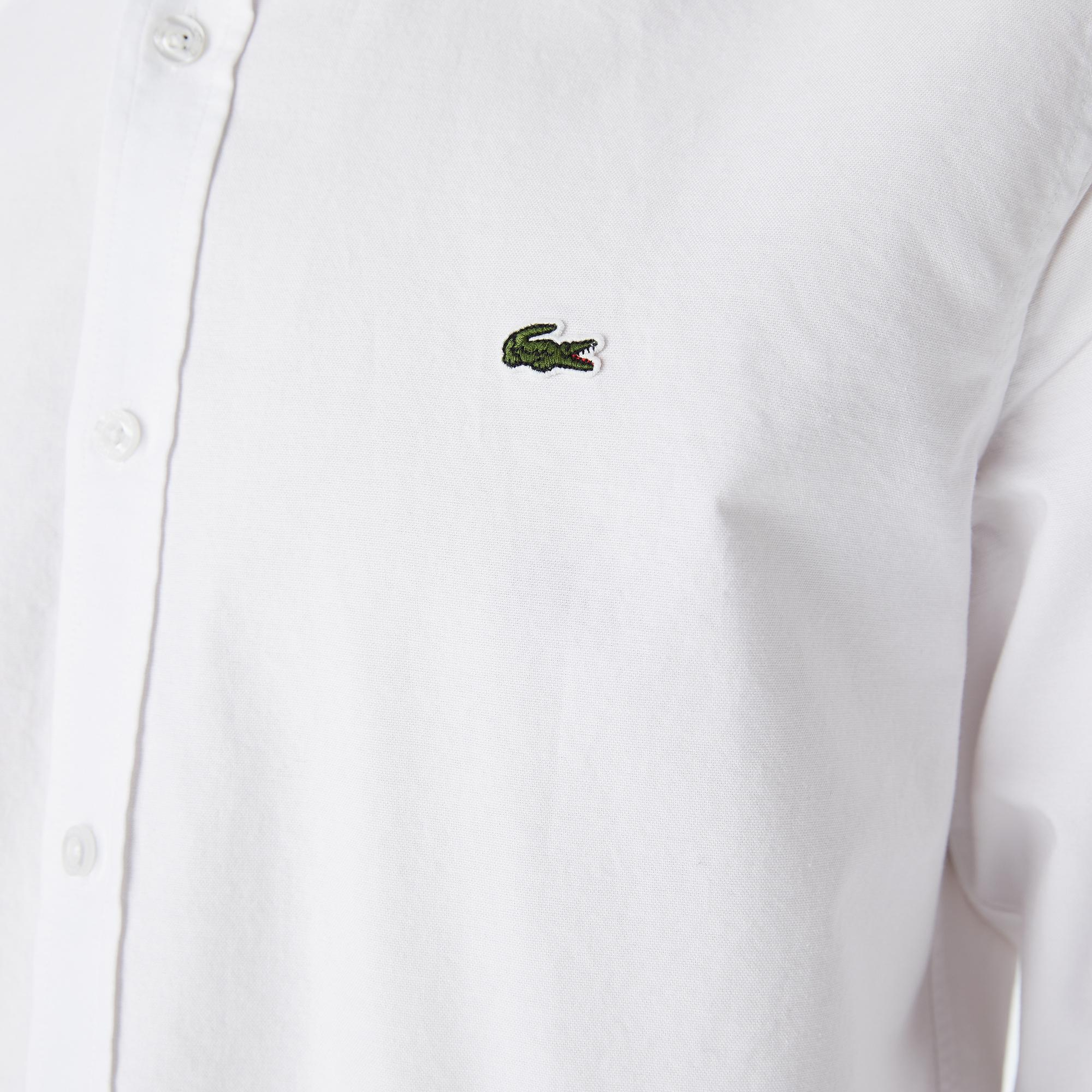 Erkek Slim Fit Düğmeli Yaka Beyaz Gömlek