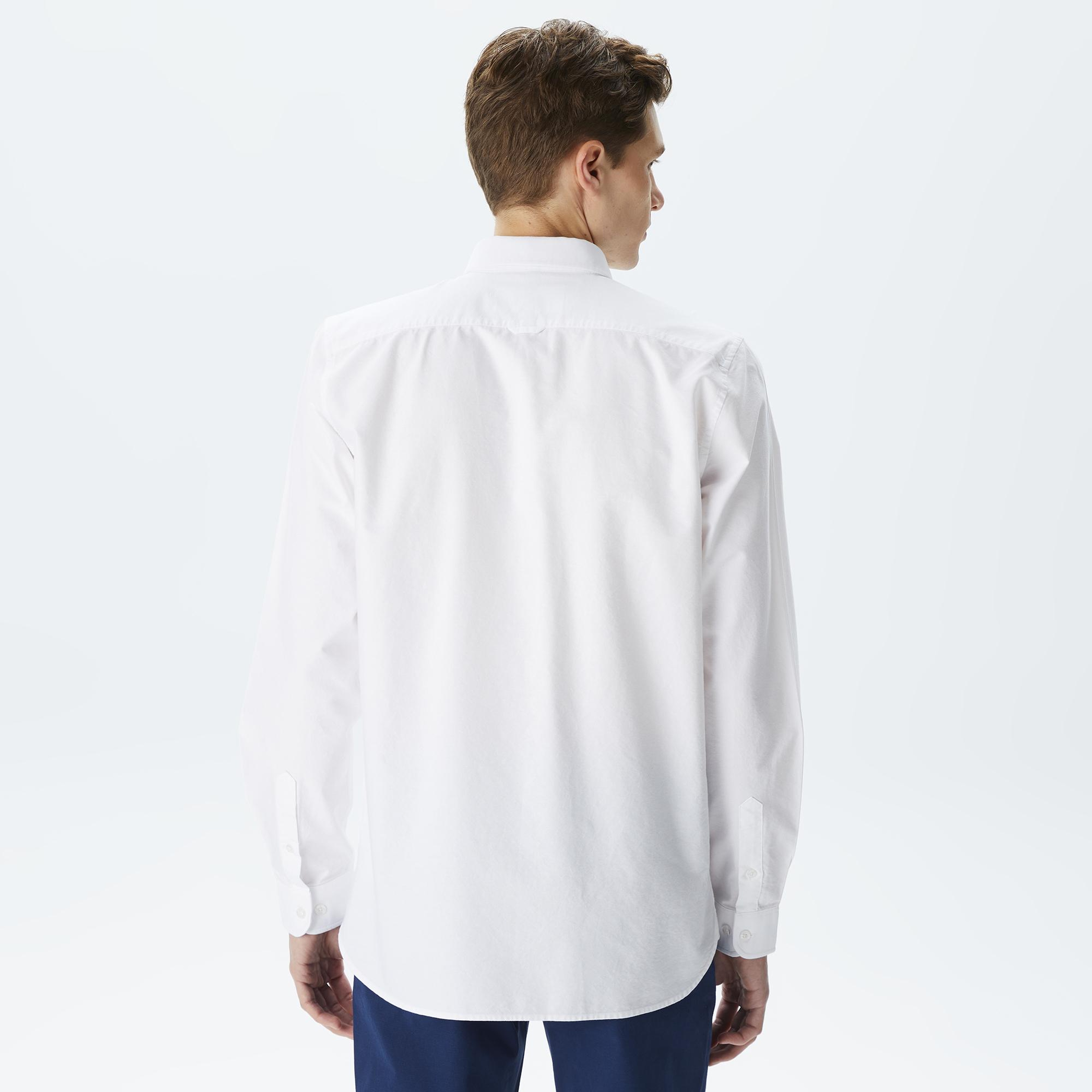 Erkek Slim Fit Düğmeli Yaka Beyaz Gömlek