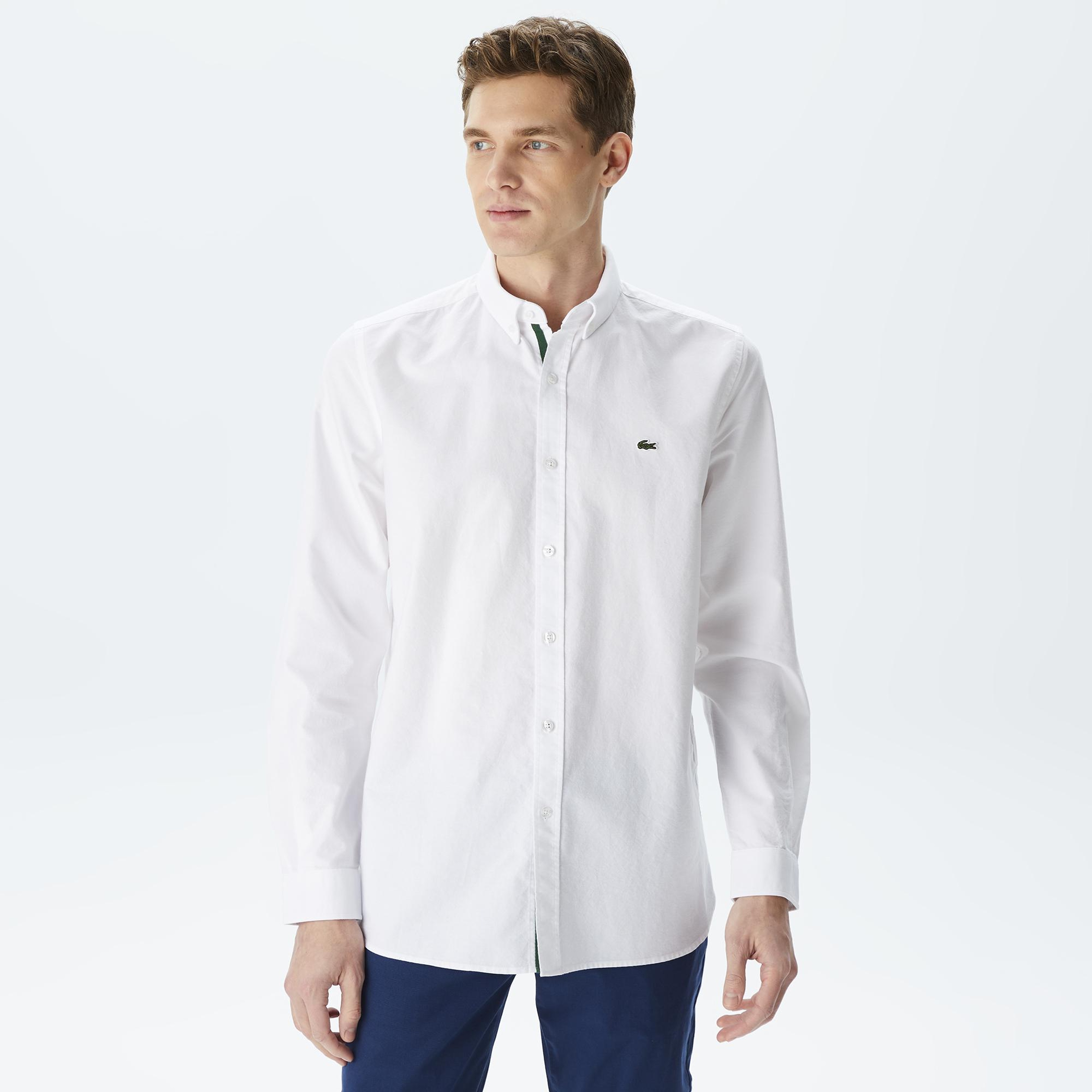 Erkek Slim Fit Düğmeli Yaka Beyaz Gömlek