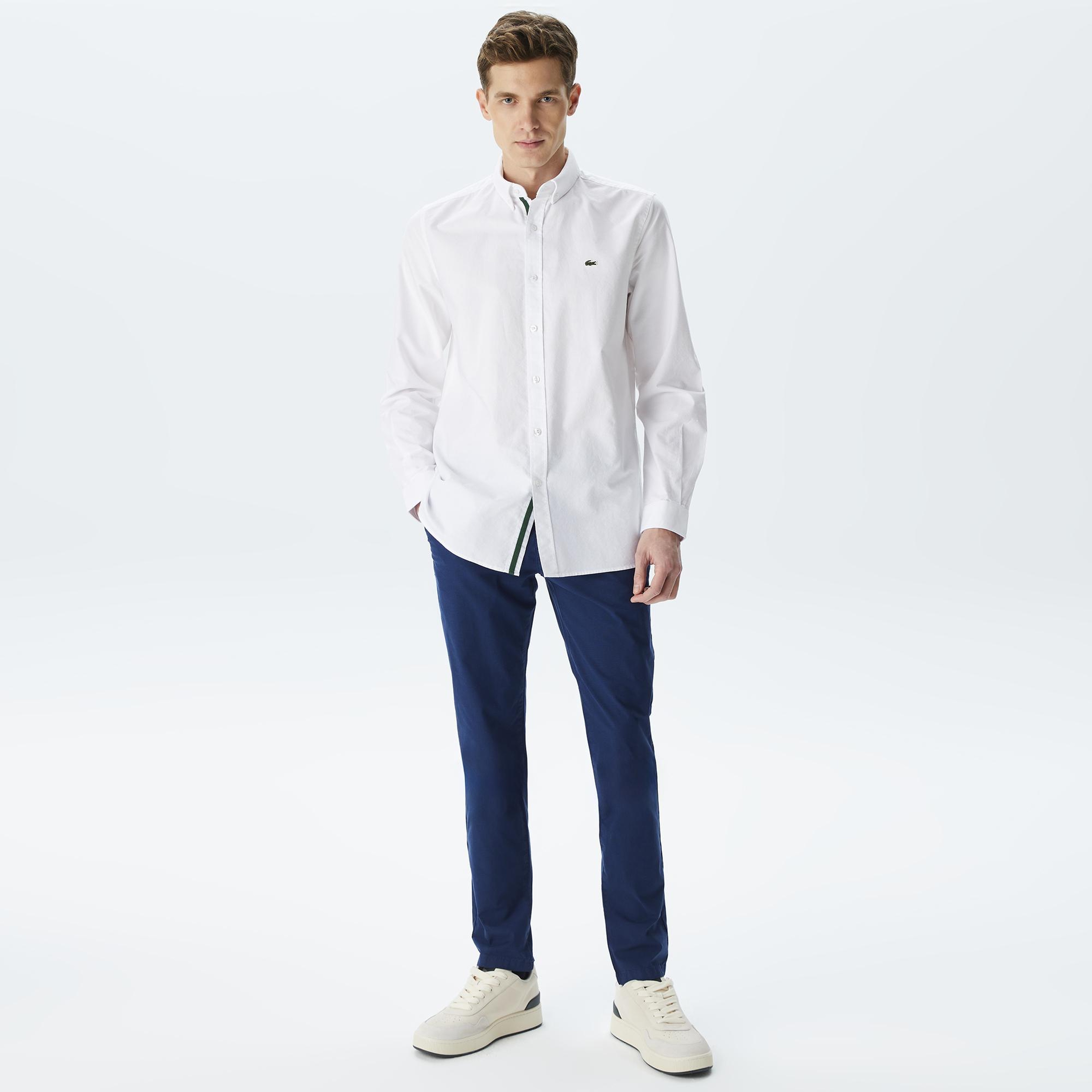 Erkek Slim Fit Düğmeli Yaka Beyaz Gömlek