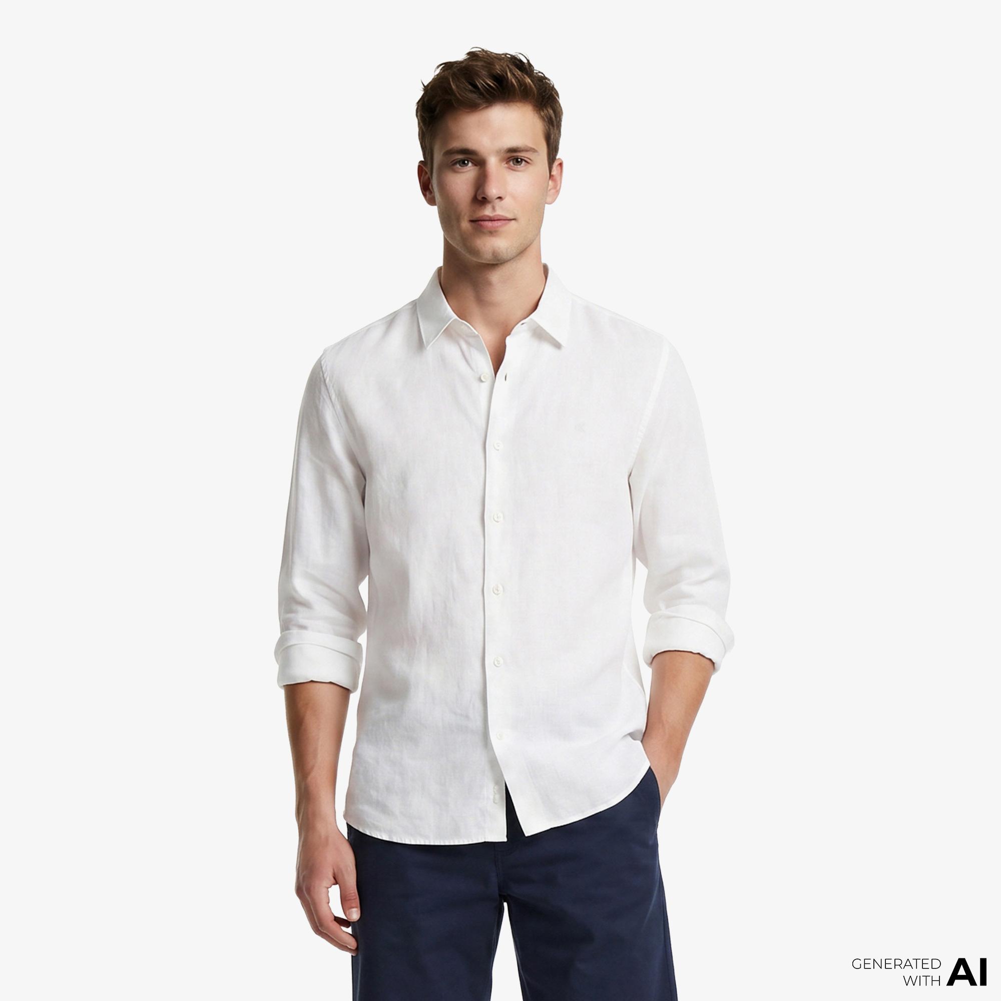 Calvin Klein Solid Linen Classic Erkek Beyaz Gömlek