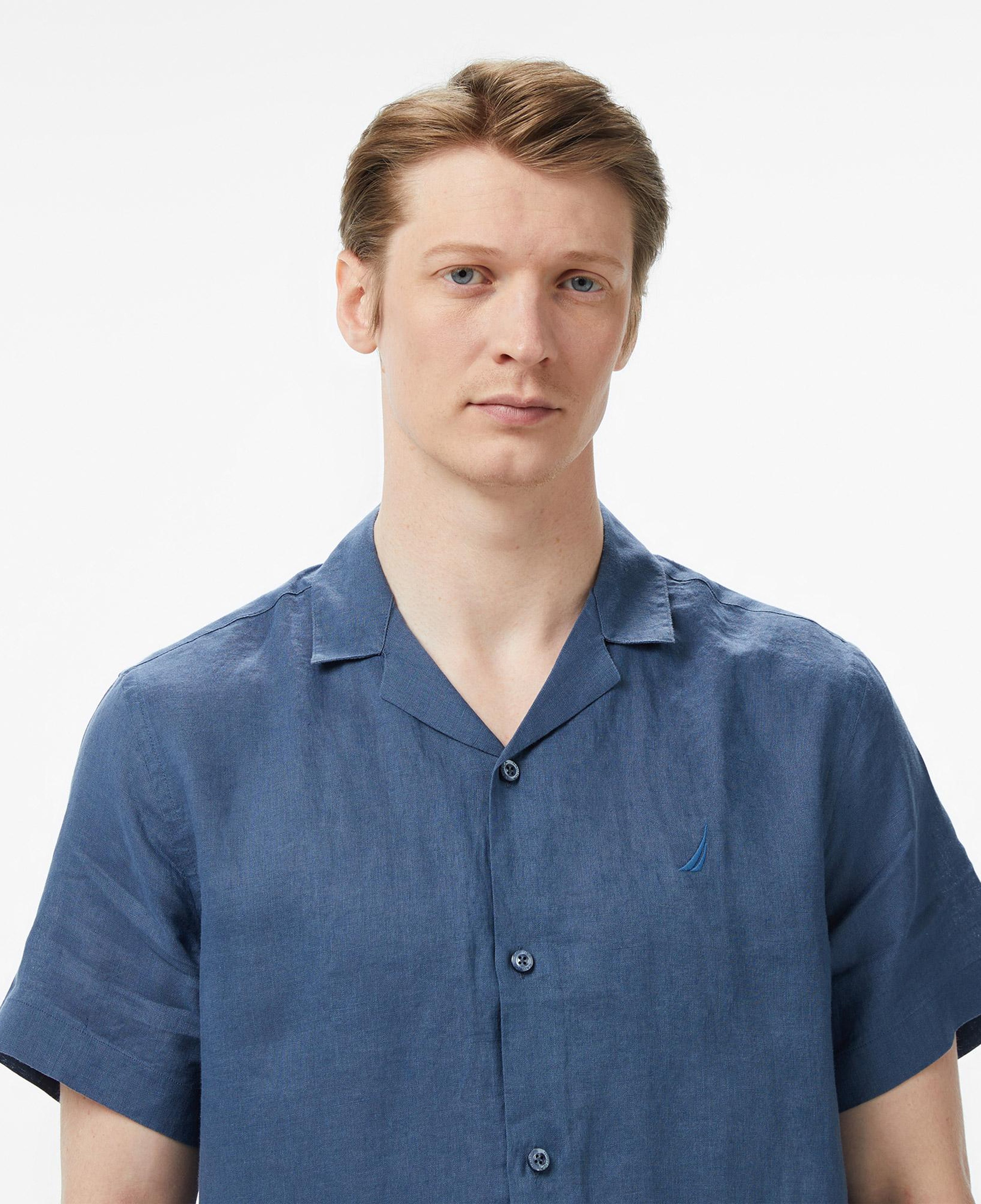 Nautica Erkek Mavi Regular Fit Kısa Kollu Keten Gömlek