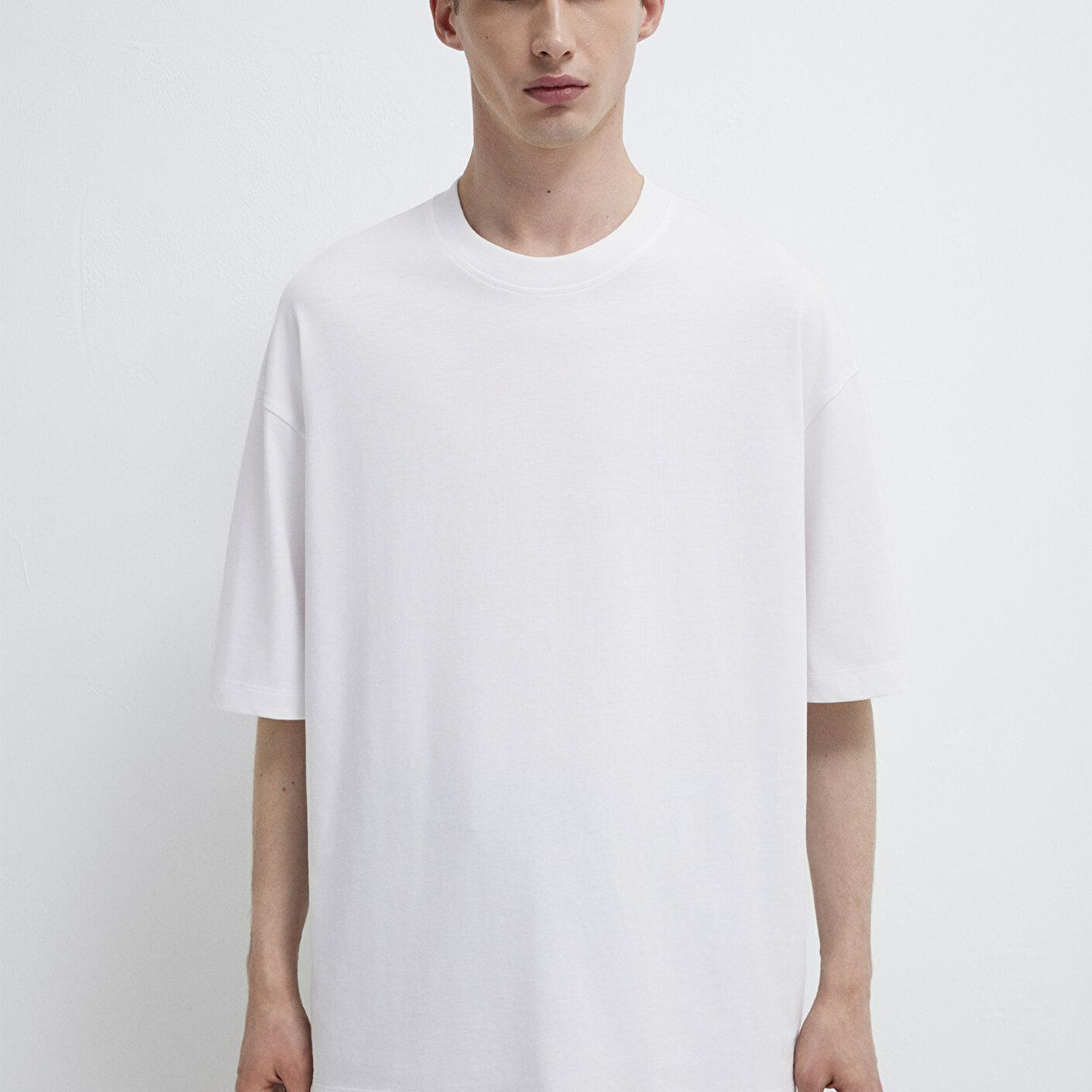 Mavi Bisiklet Yaka Beyaz Basic Tişört Oversize / Geniş Kesim 0613113-620