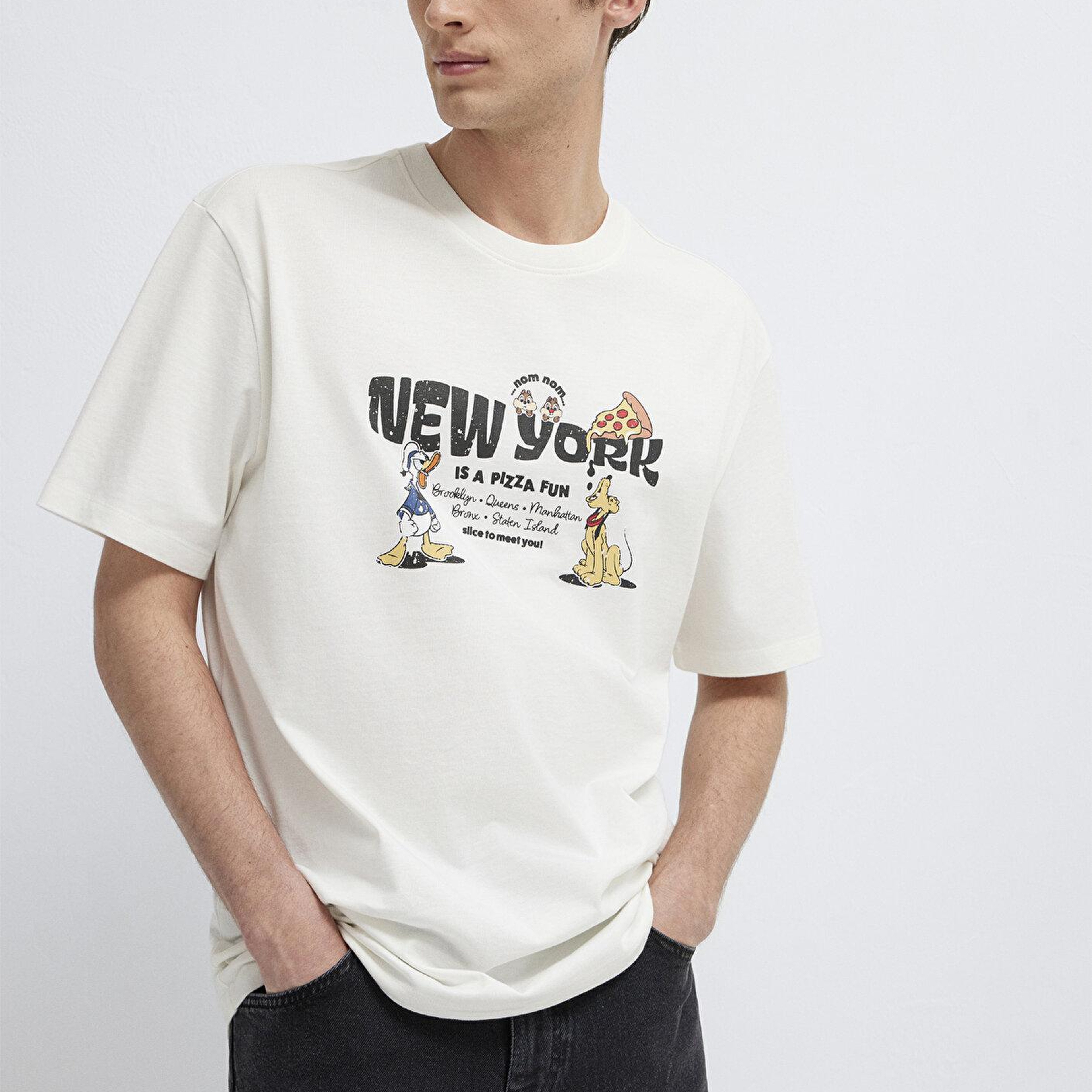 Mavi Newyork Baskılı Ekru Tişört Loose Fit / Bol Rahat Kesim 0613206-70057