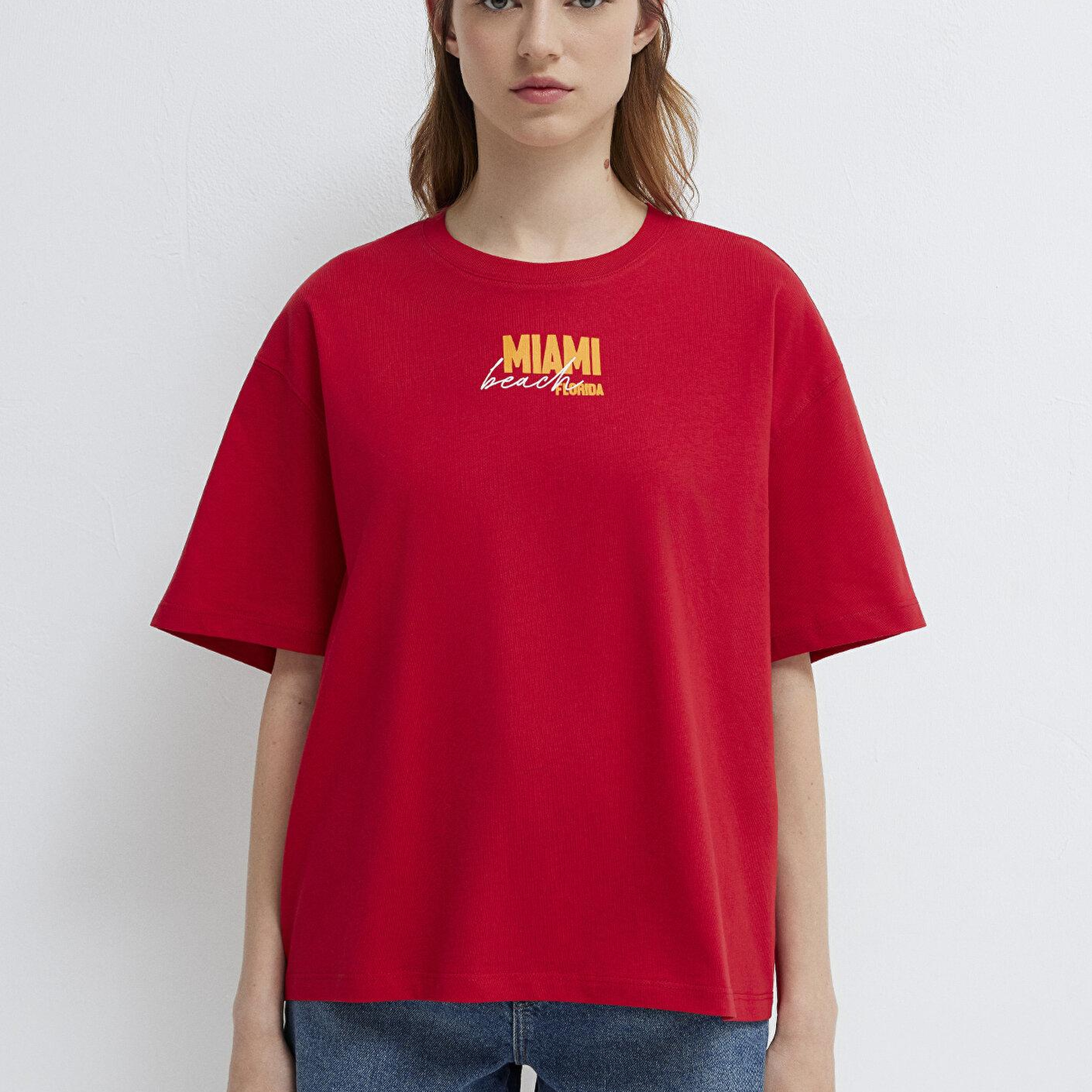 Mavi Baskılı Kırmızı Tişört Boxy Fit 1613927-82054