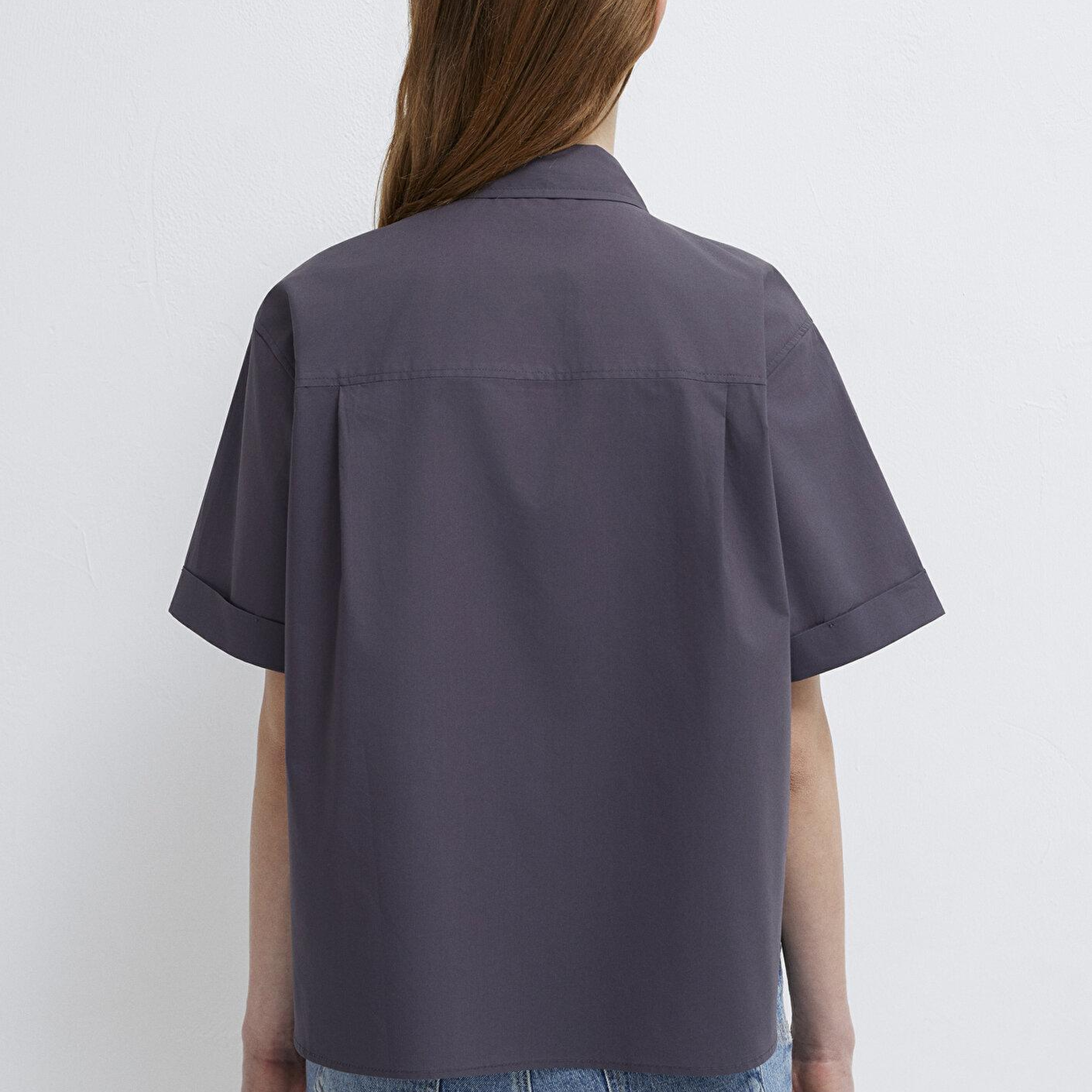 Mavi Cep Detaylı Antrasit Gömlek Loose Fit / Bol Rahat Kesim 1211537-80932