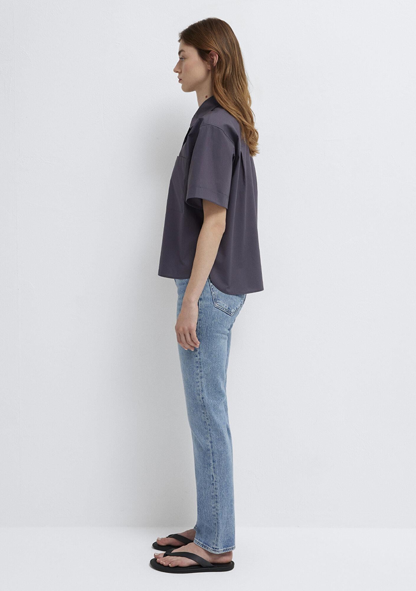 Mavi Cep Detaylı Antrasit Gömlek Loose Fit / Bol Rahat Kesim 1211537-80932