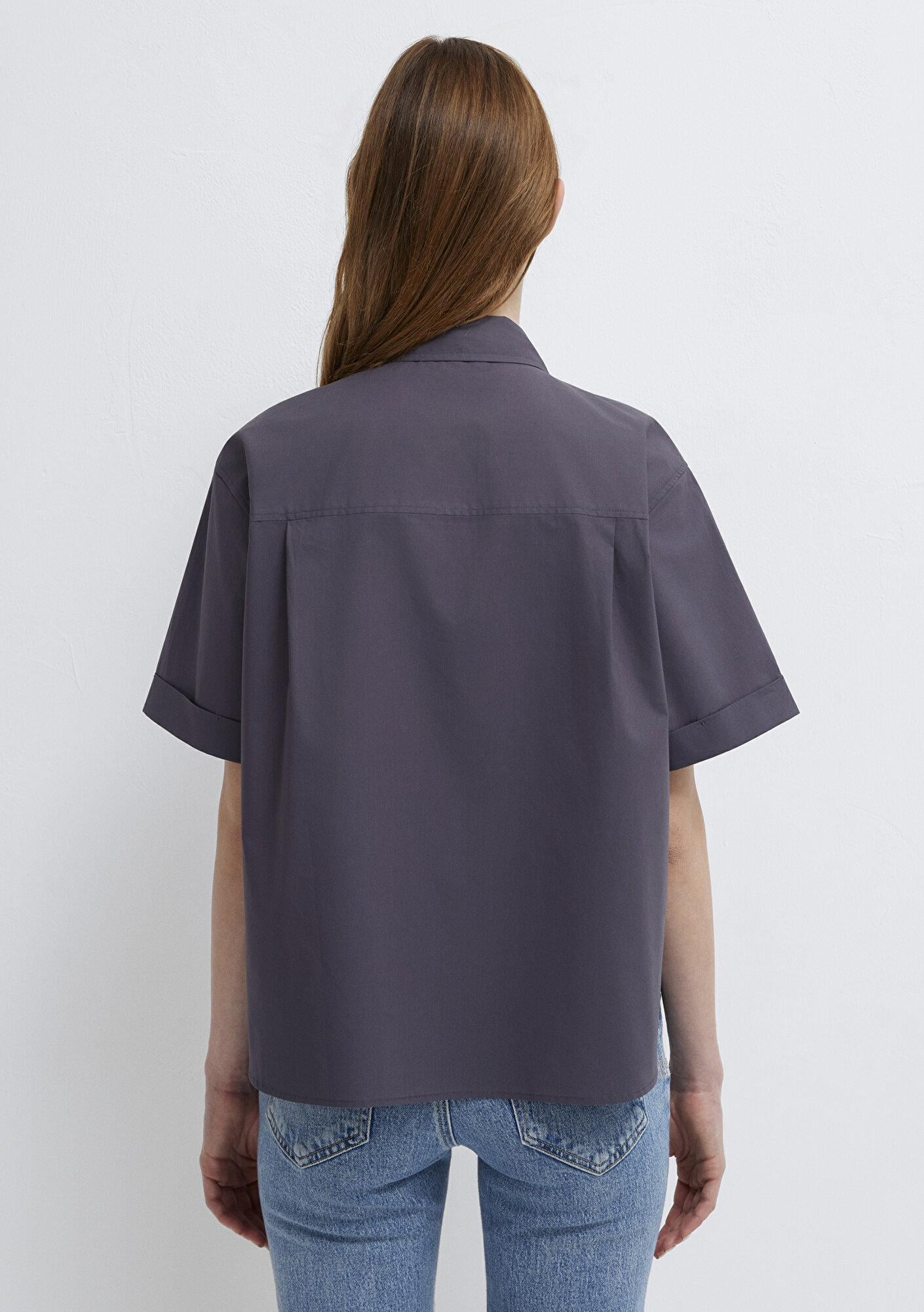 Mavi Cep Detaylı Antrasit Gömlek Loose Fit / Bol Rahat Kesim 1211537-80932