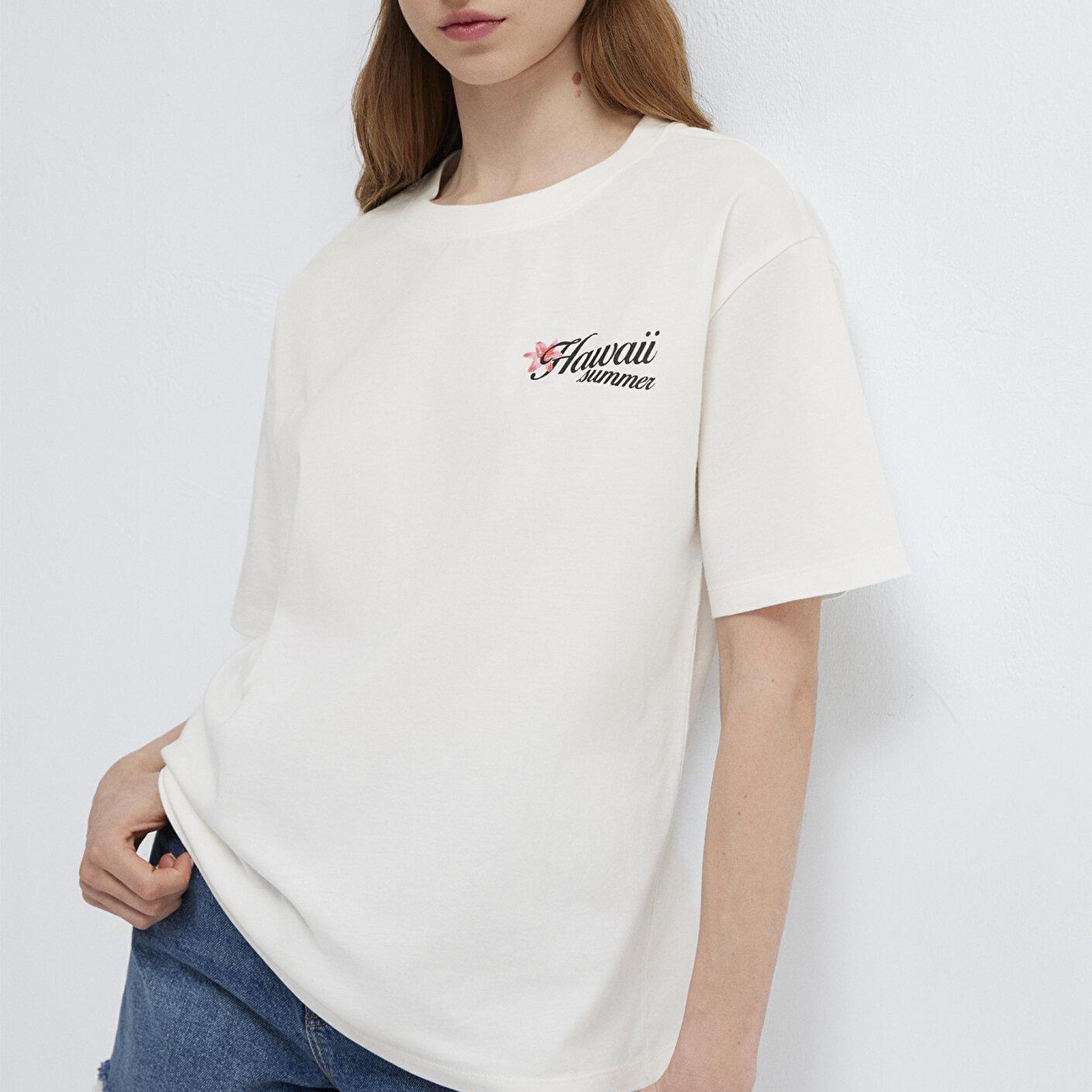 Mavi Ekru Tişört Loose Fit / Bol Rahat Kesim 1613925-70057