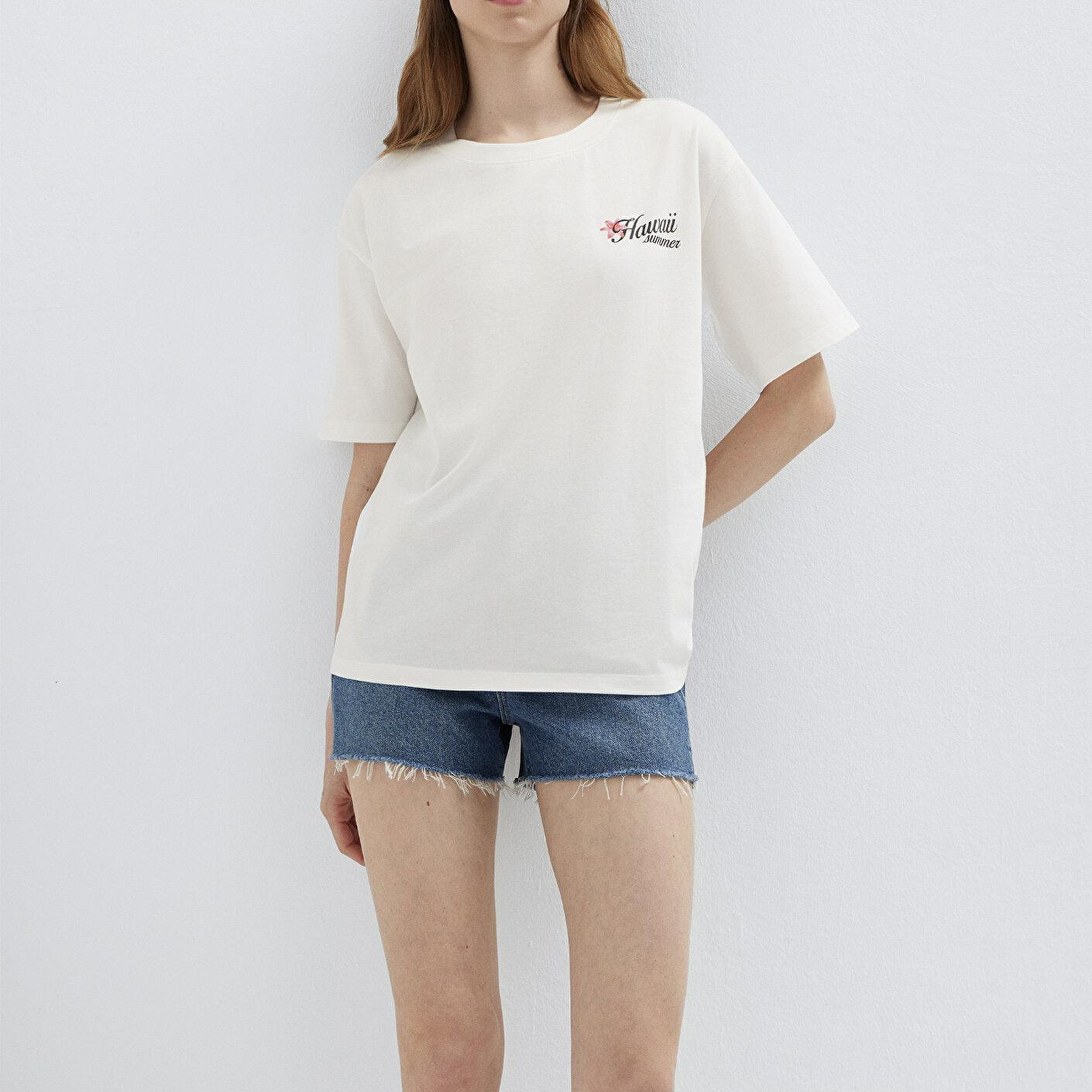 Mavi Ekru Tişört Loose Fit / Bol Rahat Kesim 1613925-70057