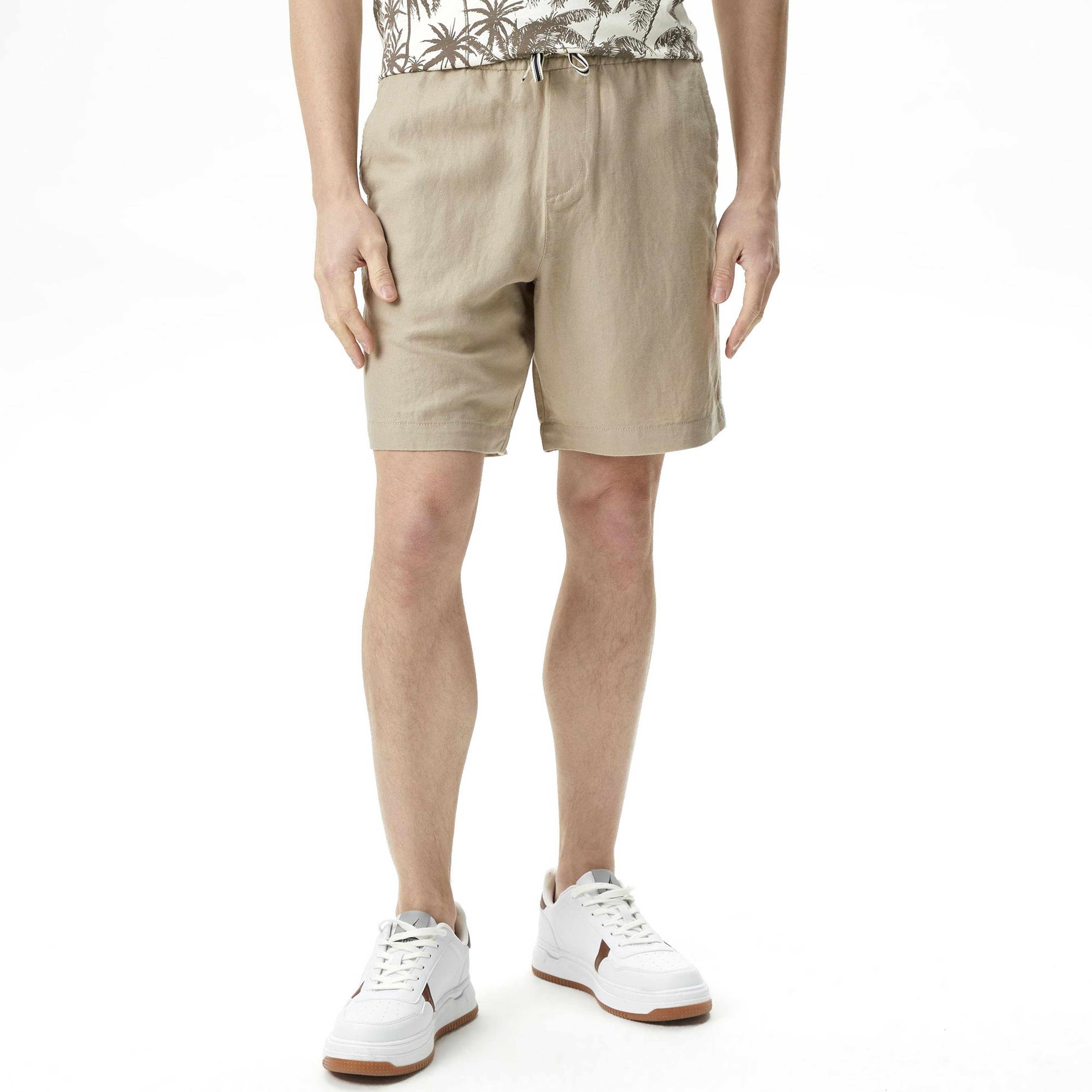 Nautica Erkek Bej Classic Fit Keten Bermuda
