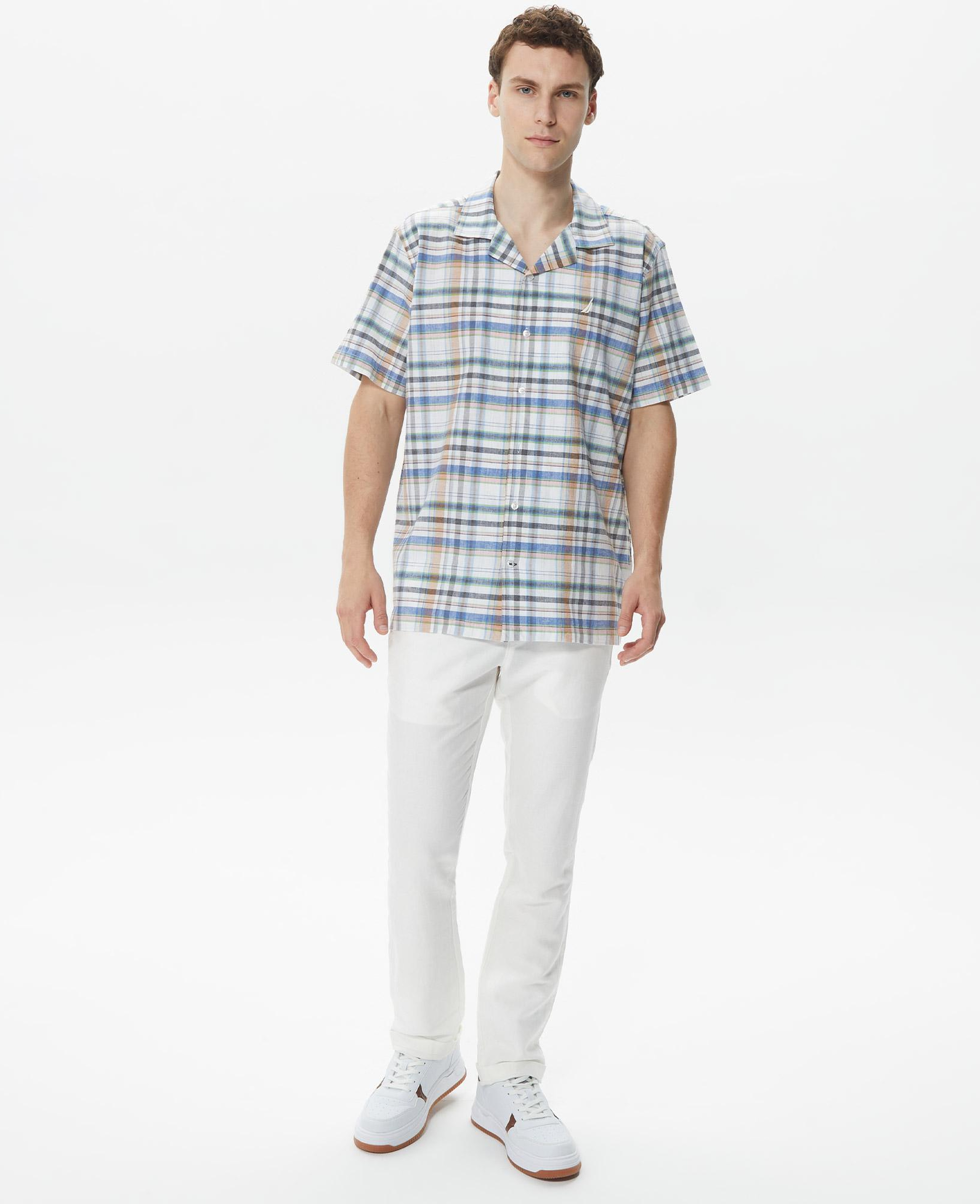 Nautica Erkek Krem Rengi Classic Fit Kısa Kollu Keten Gömlek