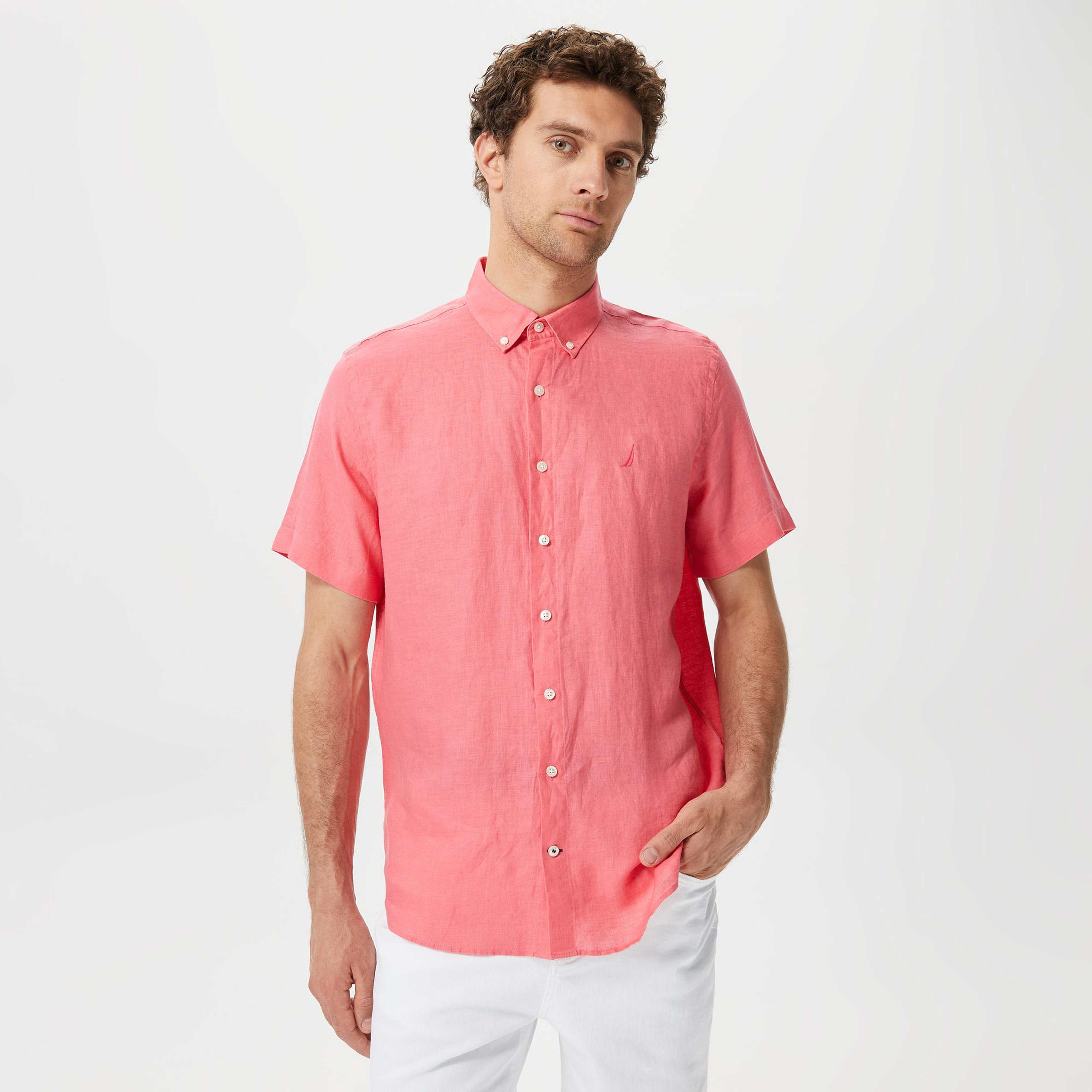 Nautica Erkek Açık Pembe Classic Fit Kısa Kollu Keten Gömlek